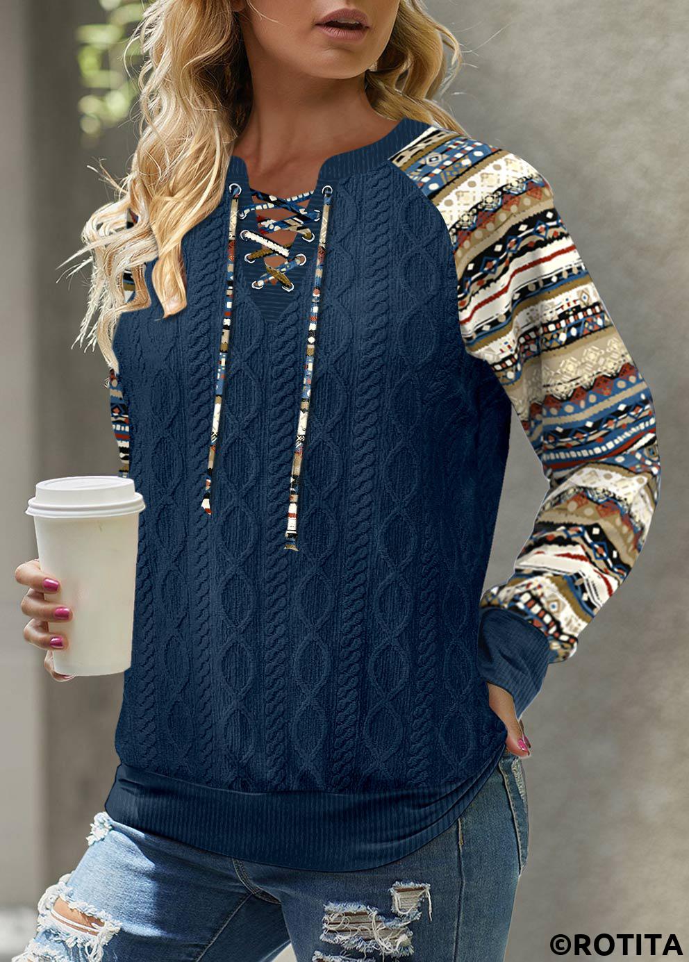 Navy tops,Tribal tops,Striped tops,Geometric tops,Dot tops,ROTITA Patchwork Tribal Print Navy Split Neck Long Sleeve Sweatshirt