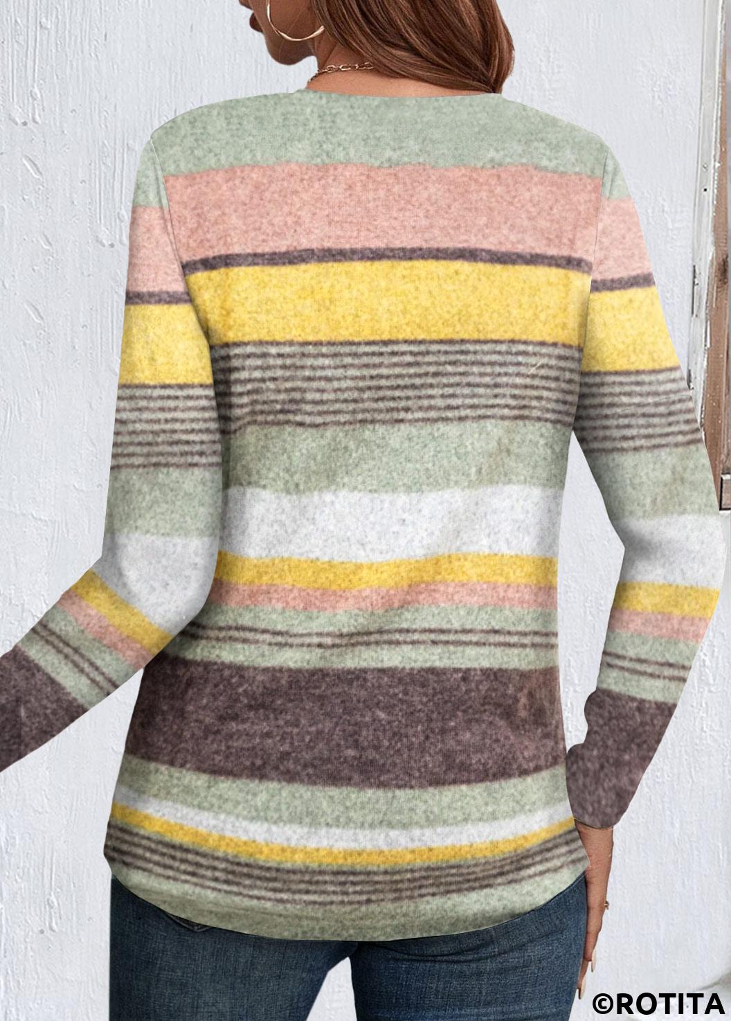 Multi Color tops,Rainbow Color tops,Striped tops,Geometric tops,ROTITA Button Striped Multi Color Round Neck T Shirt