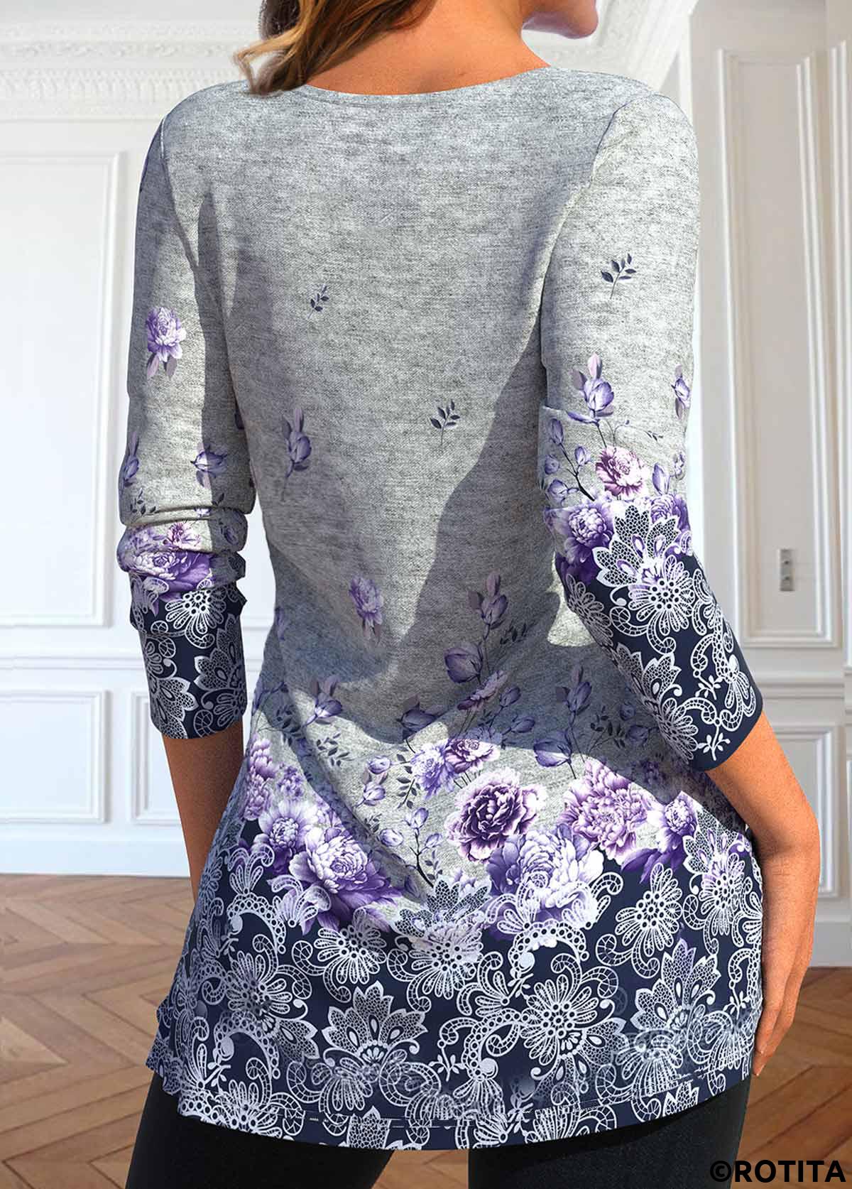 Grey tops,Floral tops,Dot tops,ROTITA Button Floral Print Grey Heart Collar T Shirt