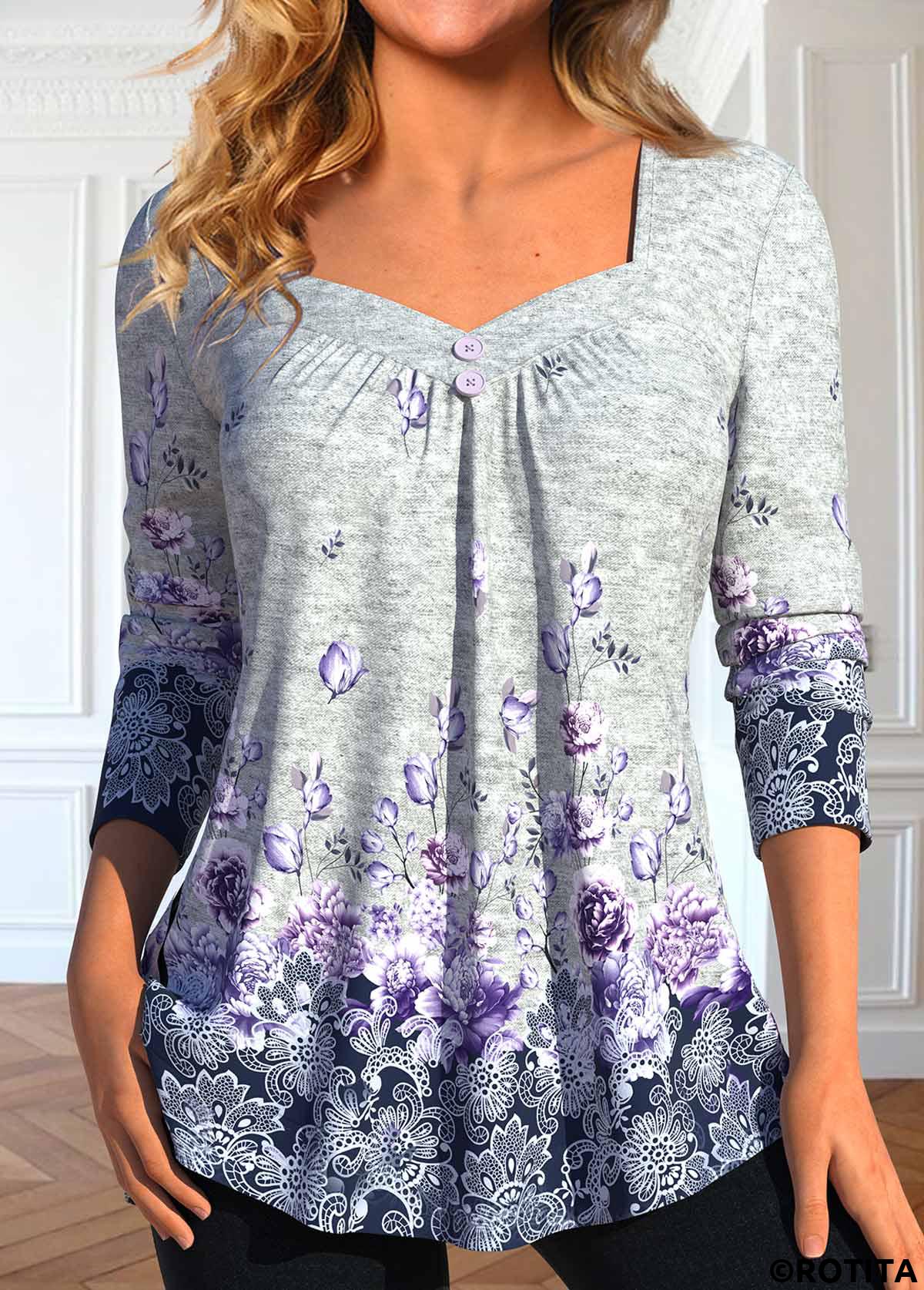 Grey tops,Floral tops,Dot tops,ROTITA Button Floral Print Grey Heart Collar T Shirt