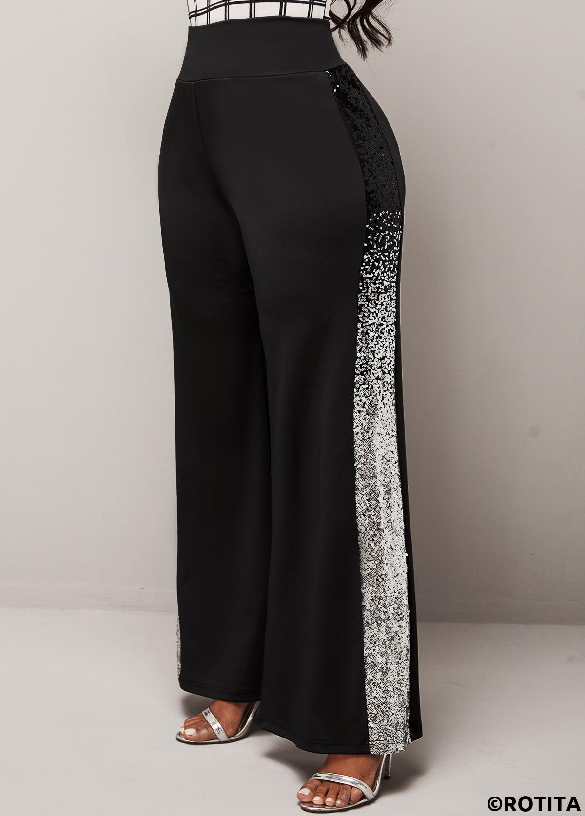 Black bottoms,Plain Color bottoms,ROTITA Black Sequin Ombre High Waisted Pants