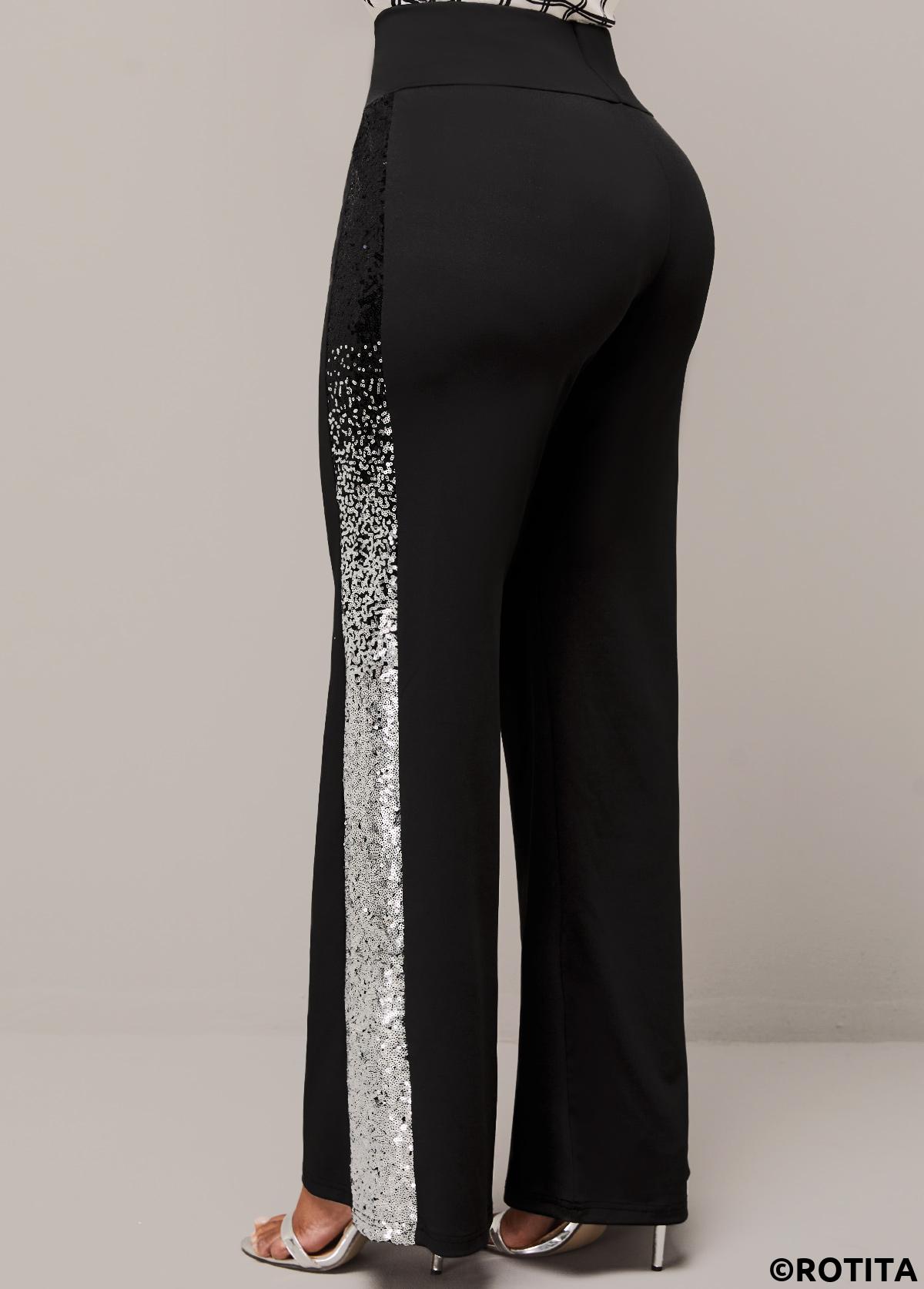 Black bottoms,Plain Color bottoms,ROTITA Black Sequin Ombre High Waisted Pants