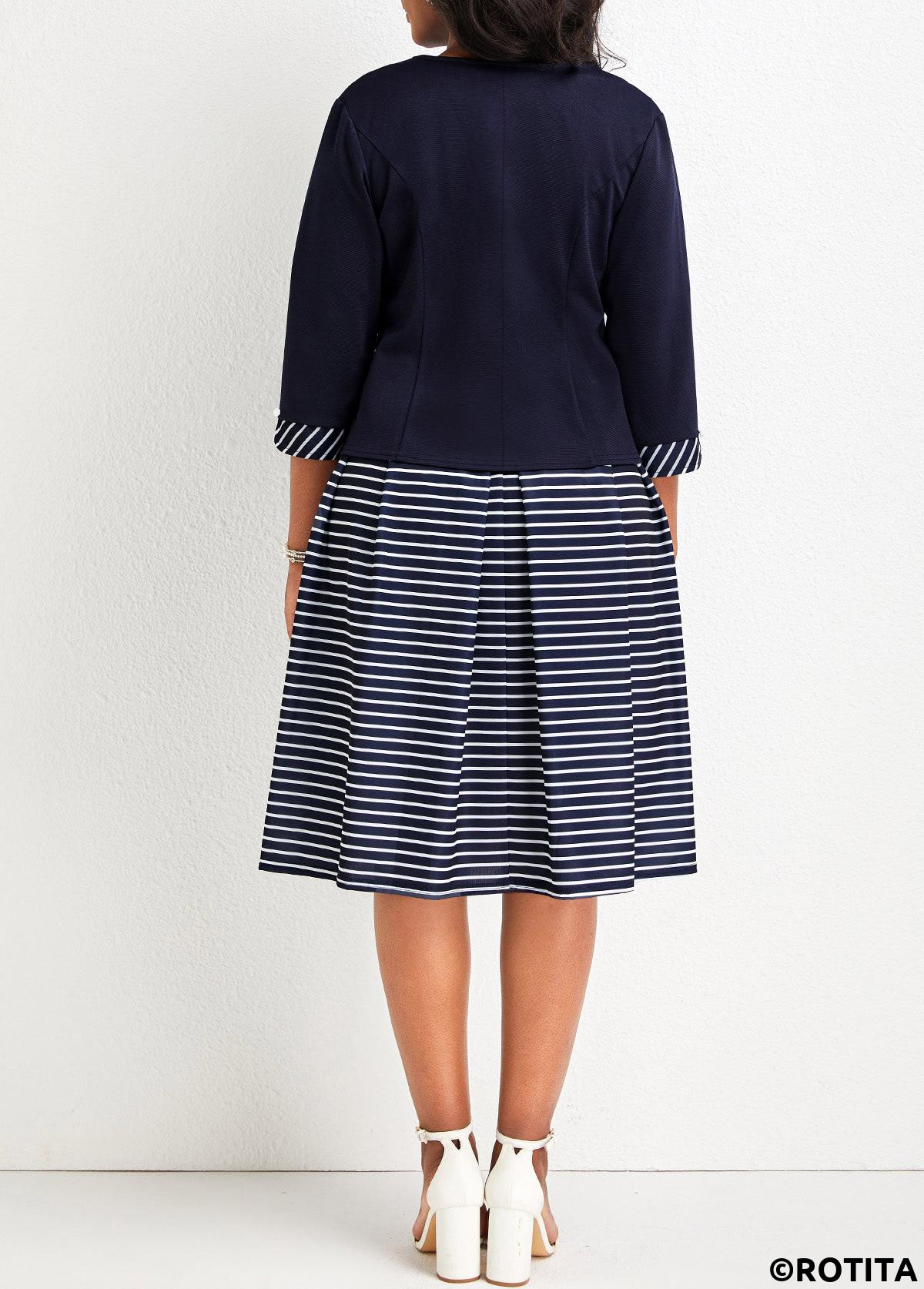 Navy dresses,Striped dresses,Geometric dresses,Party dresses,Elegant dresses,Striped Patchwork Navy Round Neck Dress and Cardigan