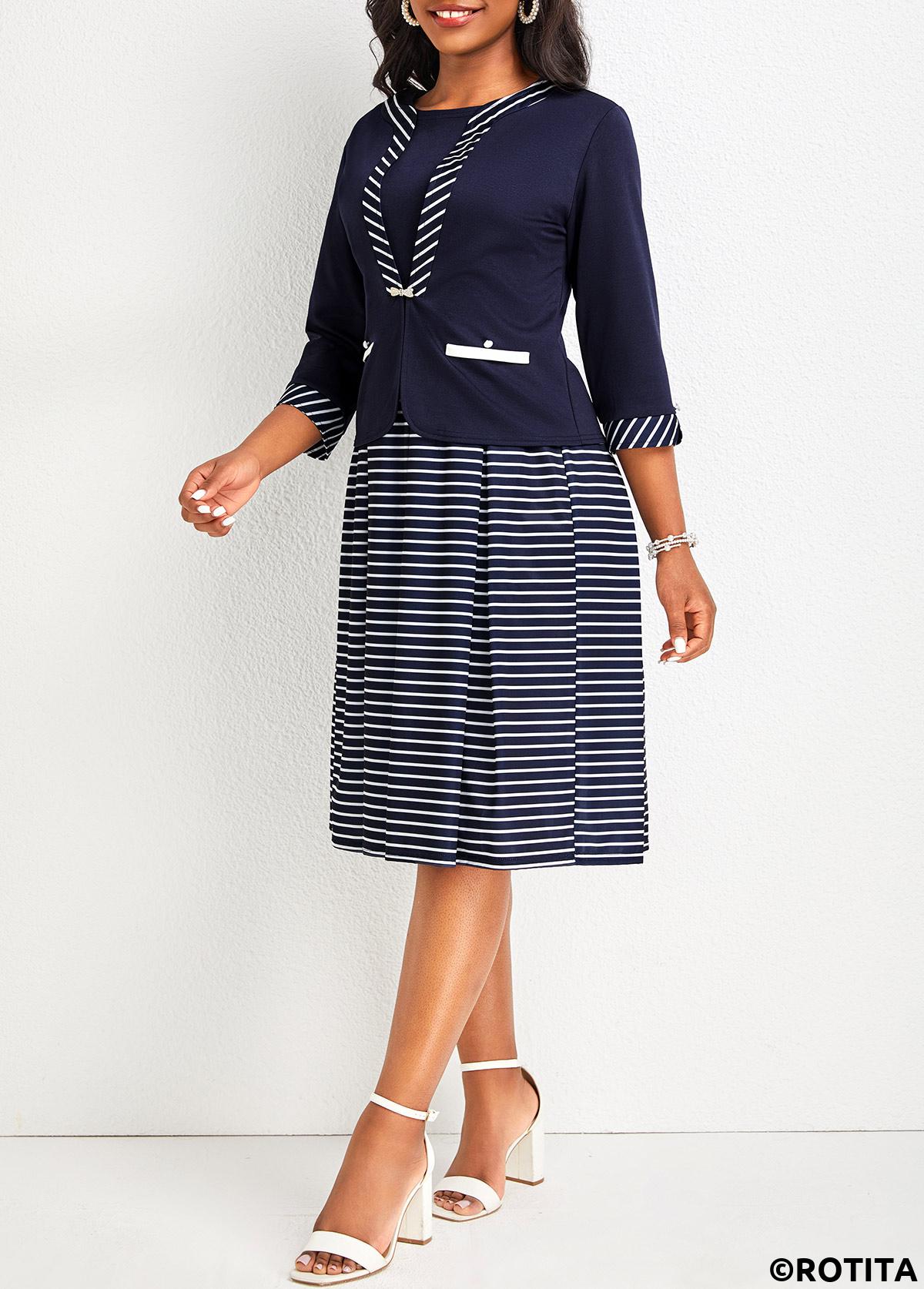 Navy dresses,Striped dresses,Geometric dresses,Party dresses,Elegant dresses,Striped Patchwork Navy Round Neck Dress and Cardigan