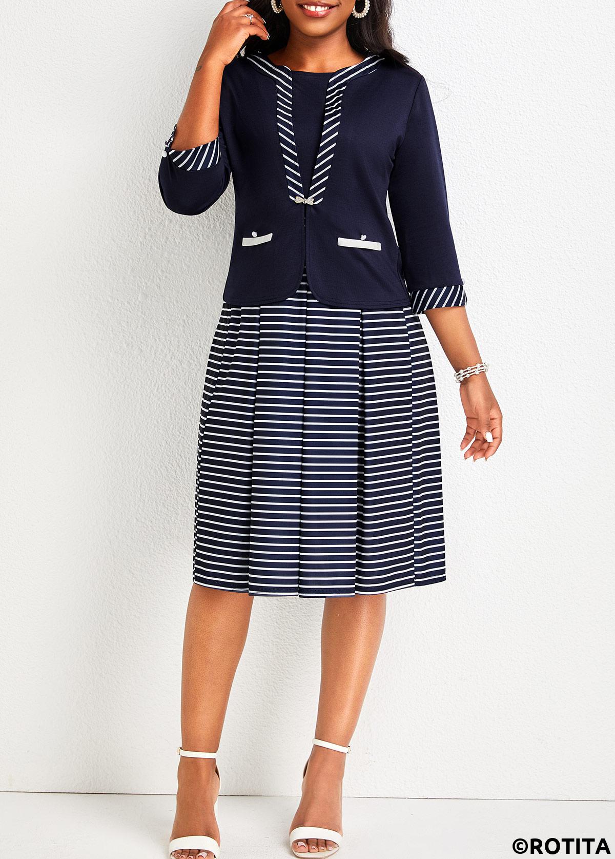 Navy dresses,Striped dresses,Geometric dresses,Party dresses,Elegant dresses,Striped Patchwork Navy Round Neck Dress and Cardigan
