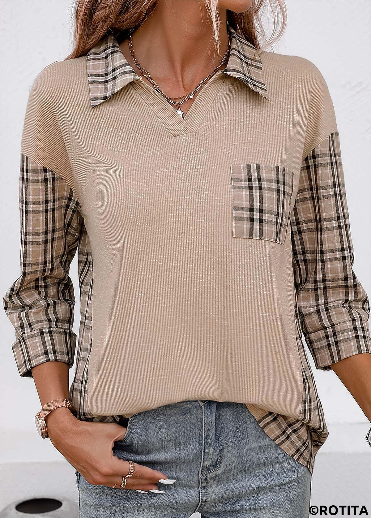 Light Coffee tops,Plaid tops,Geometric tops,Striped tops,ROTITA Patchwork Plaid Light Coffee V Neck Blouse