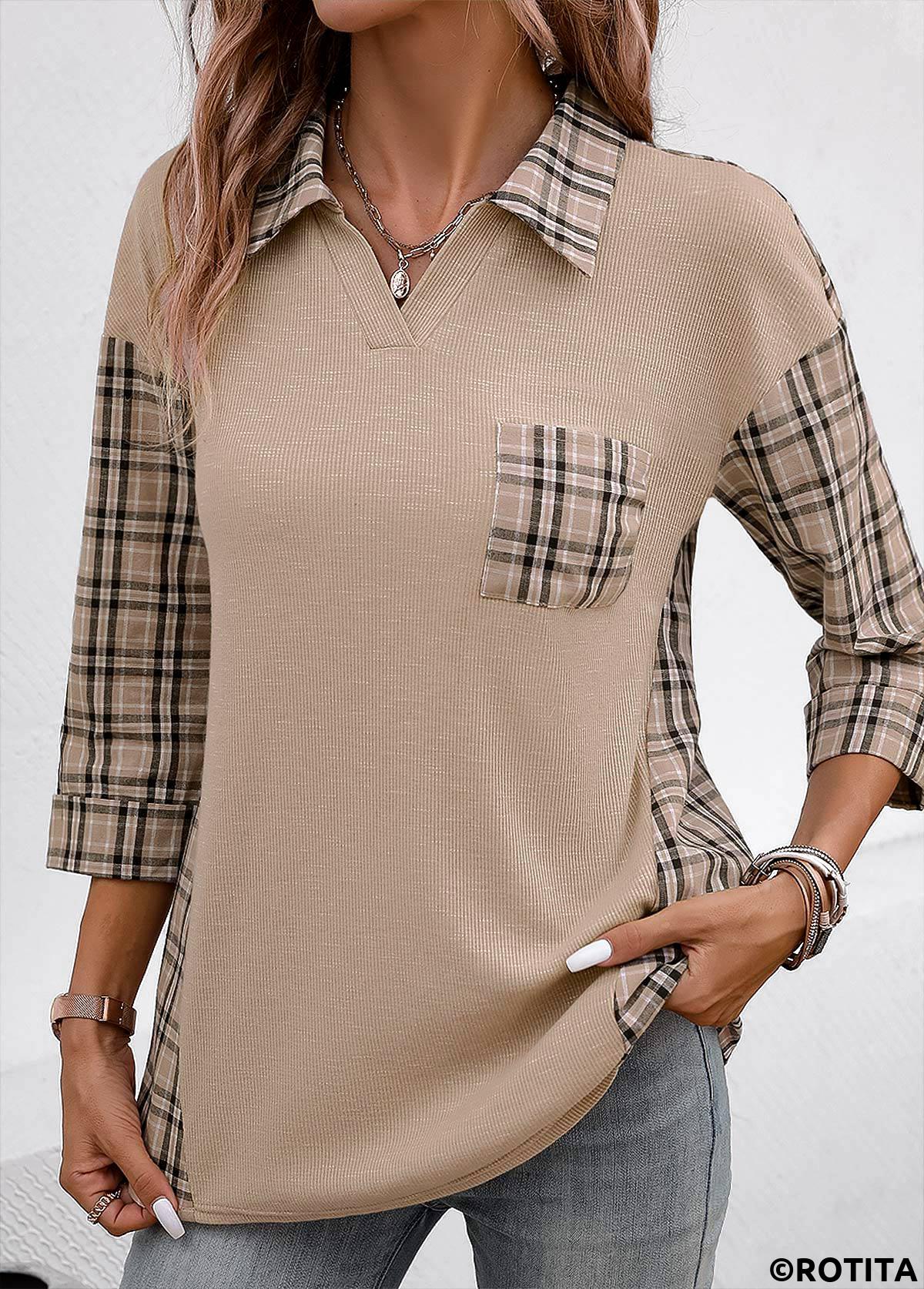 Light Coffee tops,Plaid tops,Geometric tops,Striped tops,ROTITA Patchwork Plaid Light Coffee V Neck Blouse