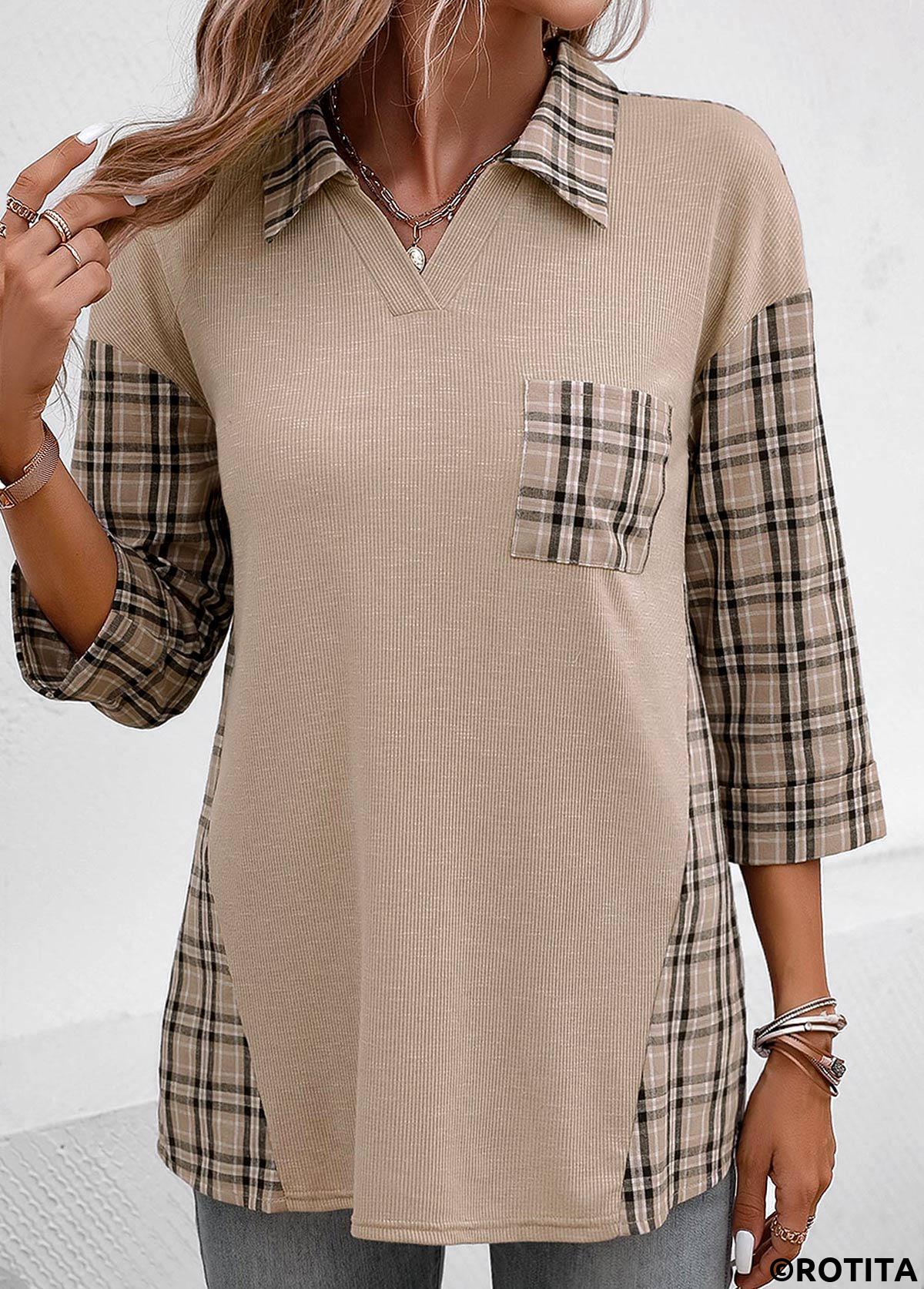 Light Coffee tops,Plaid tops,Geometric tops,Striped tops,ROTITA Patchwork Plaid Light Coffee V Neck Blouse