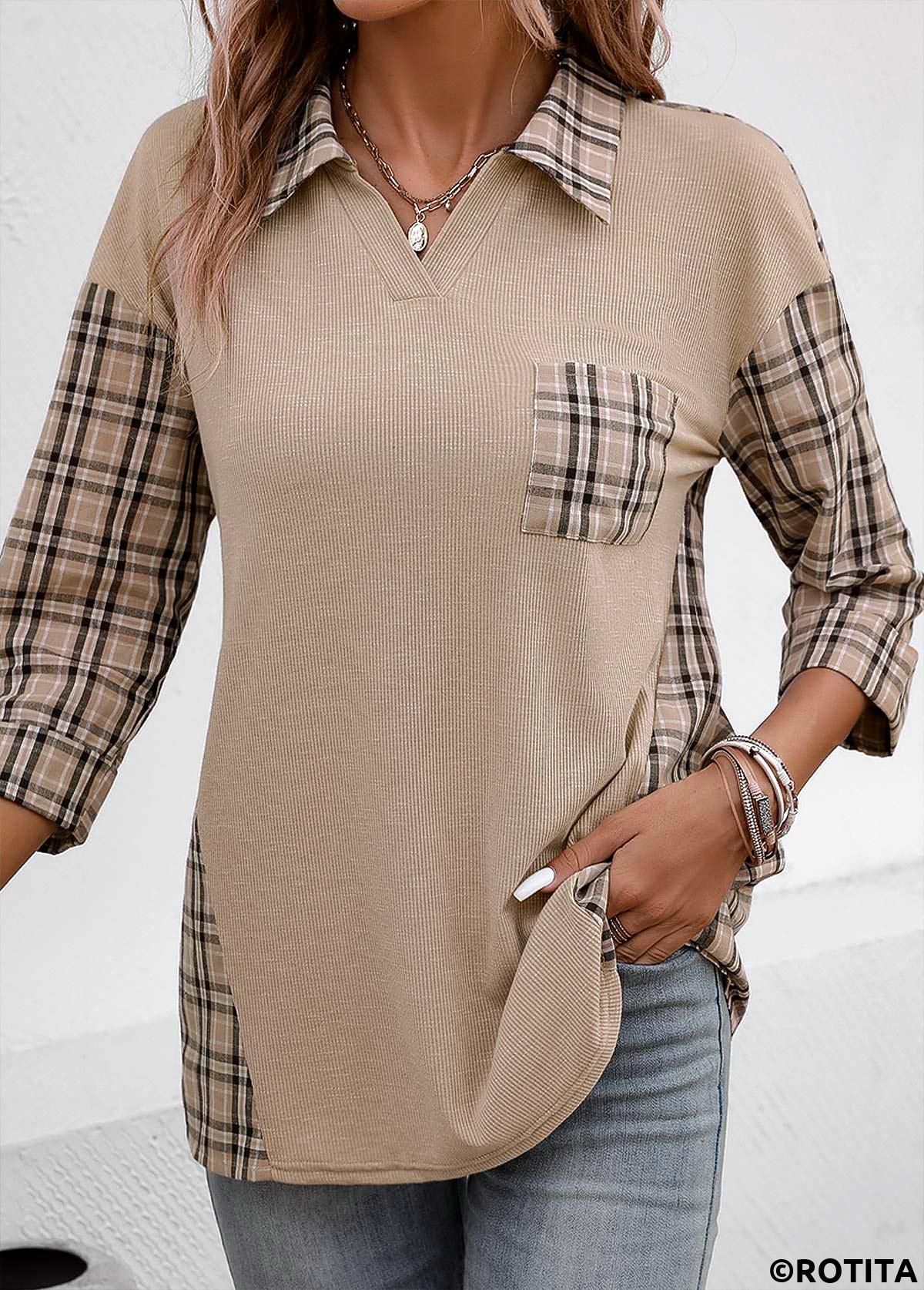 Light Coffee tops,Plaid tops,Geometric tops,Striped tops,ROTITA Patchwork Plaid Light Coffee V Neck Blouse