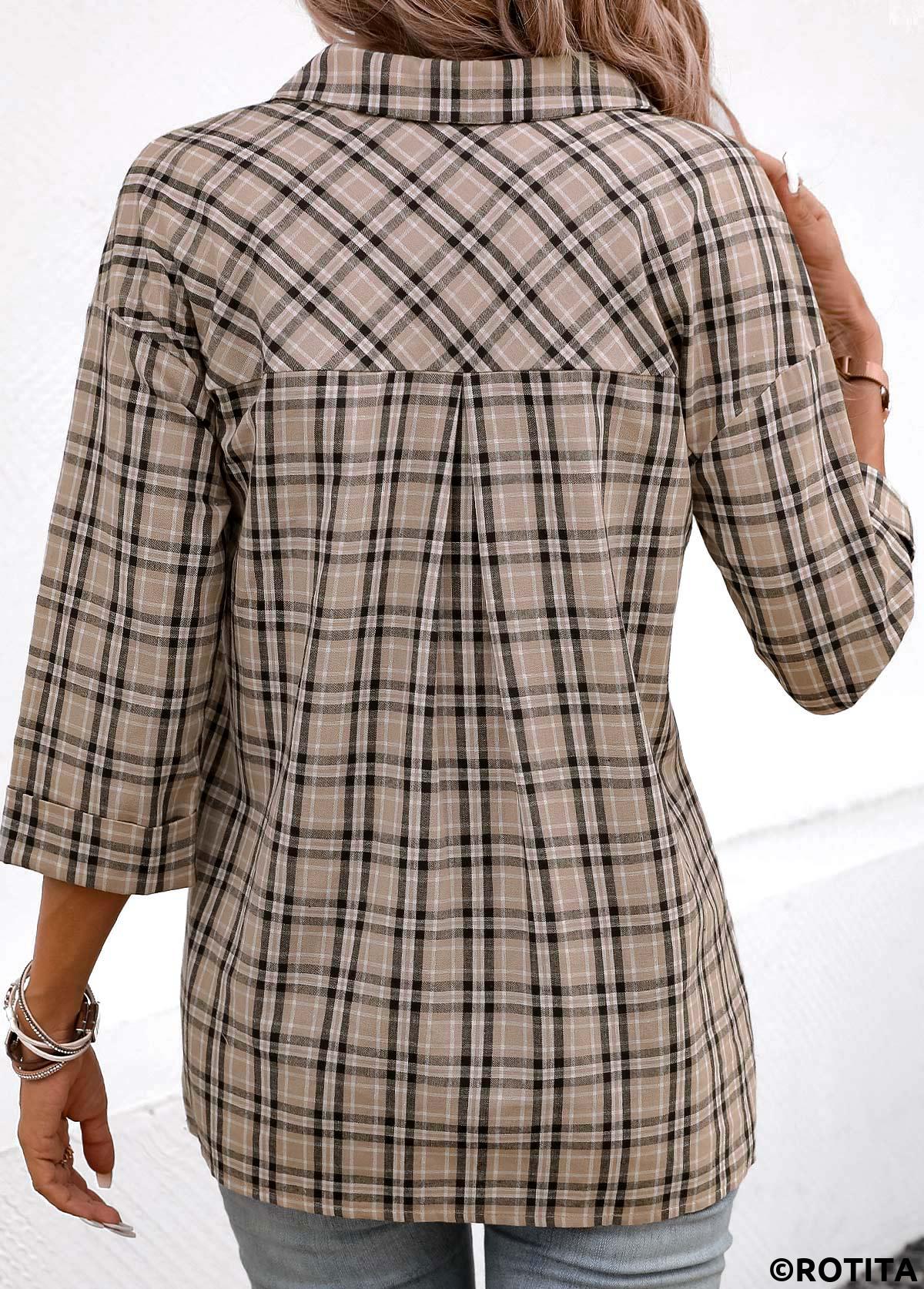 Light Coffee tops,Plaid tops,Geometric tops,Striped tops,ROTITA Patchwork Plaid Light Coffee V Neck Blouse