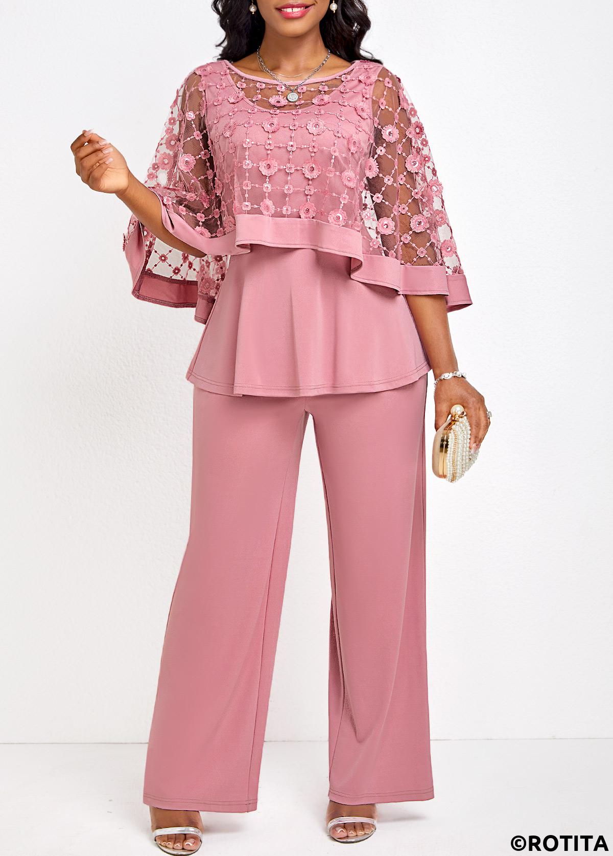 Pink jumpsuits&rompers,Plain Color jumpsuits&rompers,ROTITA Breathable Pink Long Boat Neck Jumpsuit and Cardigan