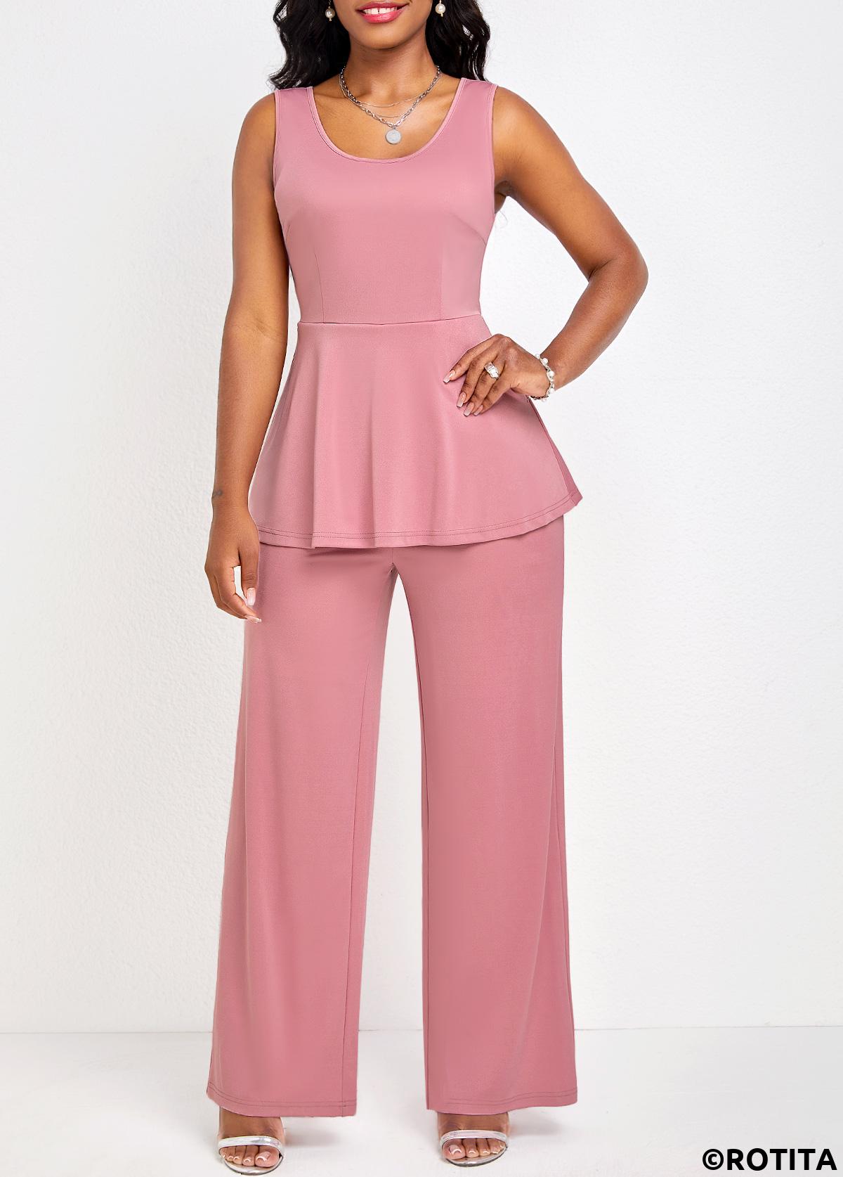 Pink jumpsuits&rompers,Plain Color jumpsuits&rompers,ROTITA Breathable Pink Long Boat Neck Jumpsuit and Cardigan
