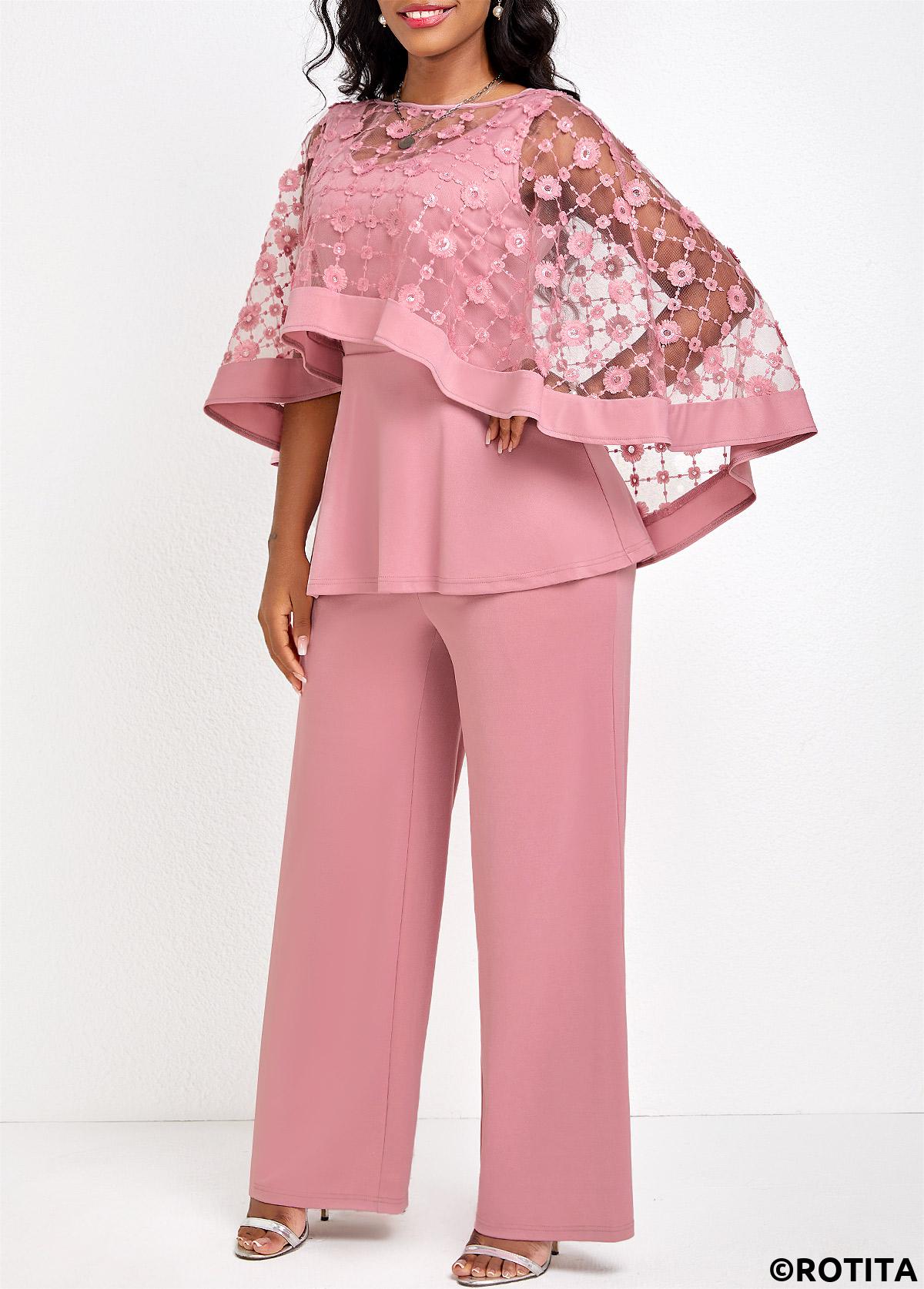 Pink jumpsuits&rompers,Plain Color jumpsuits&rompers,ROTITA Breathable Pink Long Boat Neck Jumpsuit and Cardigan