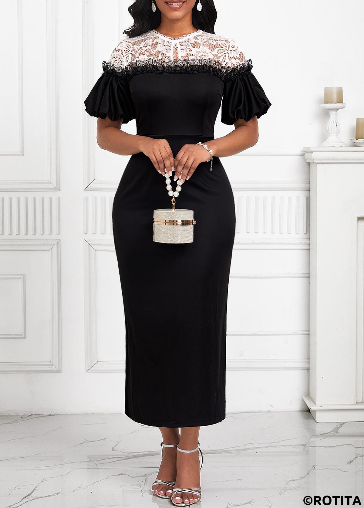 Black dresses,Plain Color dresses,Party dresses,Elegant dresses,ROTITA Lace Black Round Neck Short Sleeve Bodycon Dress
