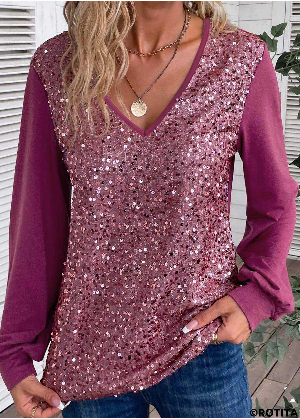 Dark Reddish Purple tops,Plain Color tops,ROTITA Sequin Dark Reddish Purple V Neck Long Sleeve Blouse