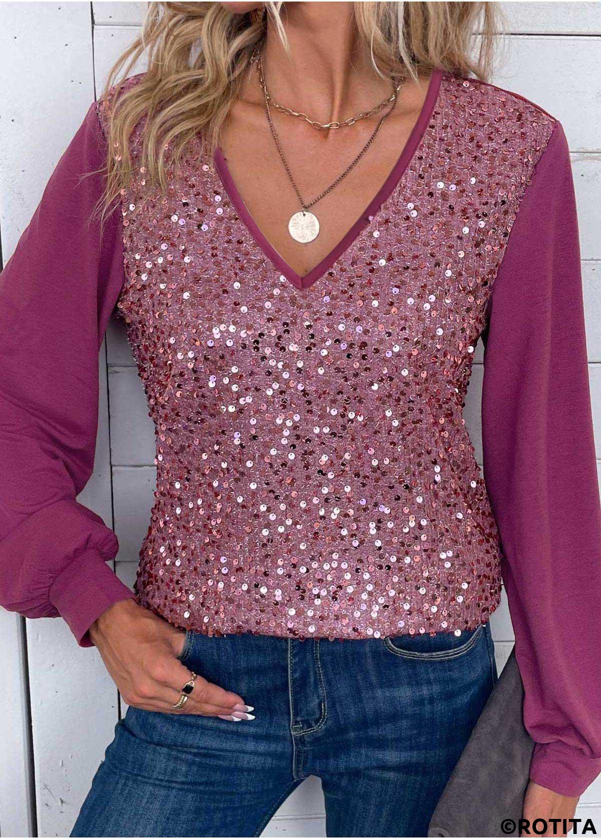 Dark Reddish Purple tops,Plain Color tops,ROTITA Sequin Dark Reddish Purple V Neck Long Sleeve Blouse
