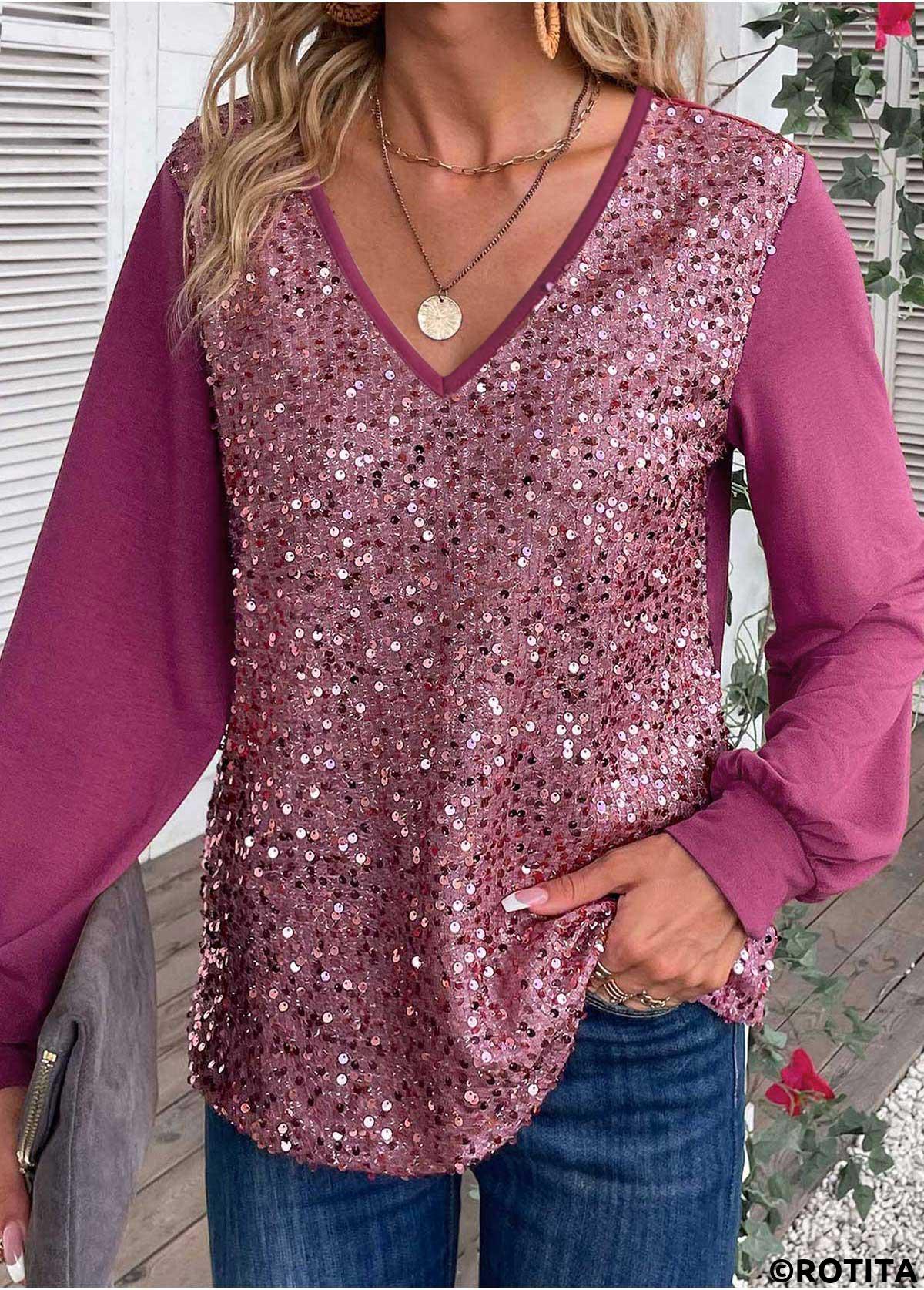 Dark Reddish Purple tops,Plain Color tops,ROTITA Sequin Dark Reddish Purple V Neck Long Sleeve Blouse