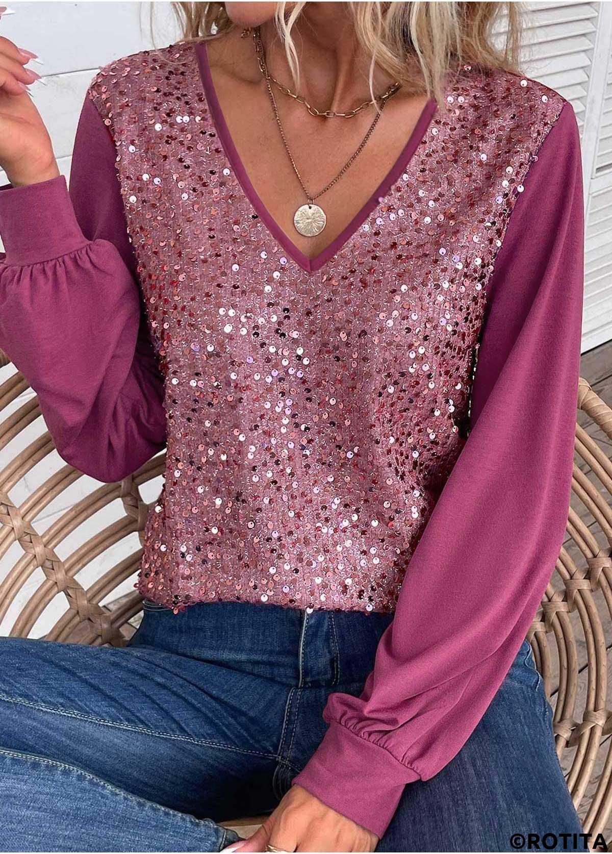 Dark Reddish Purple tops,Plain Color tops,ROTITA Sequin Dark Reddish Purple V Neck Long Sleeve Blouse
