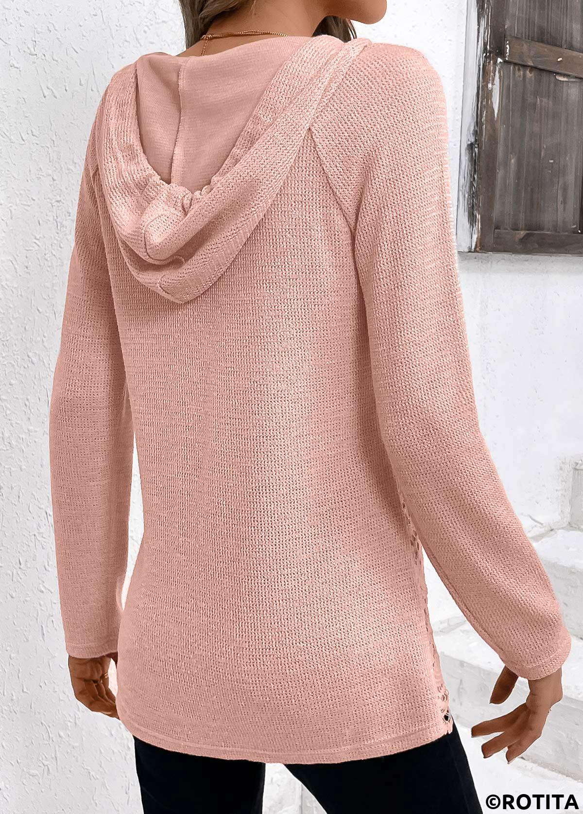 Light Pink tops,Plain Color tops,ROTITA Patchwork Light Pink Long Sleeve Hoodie