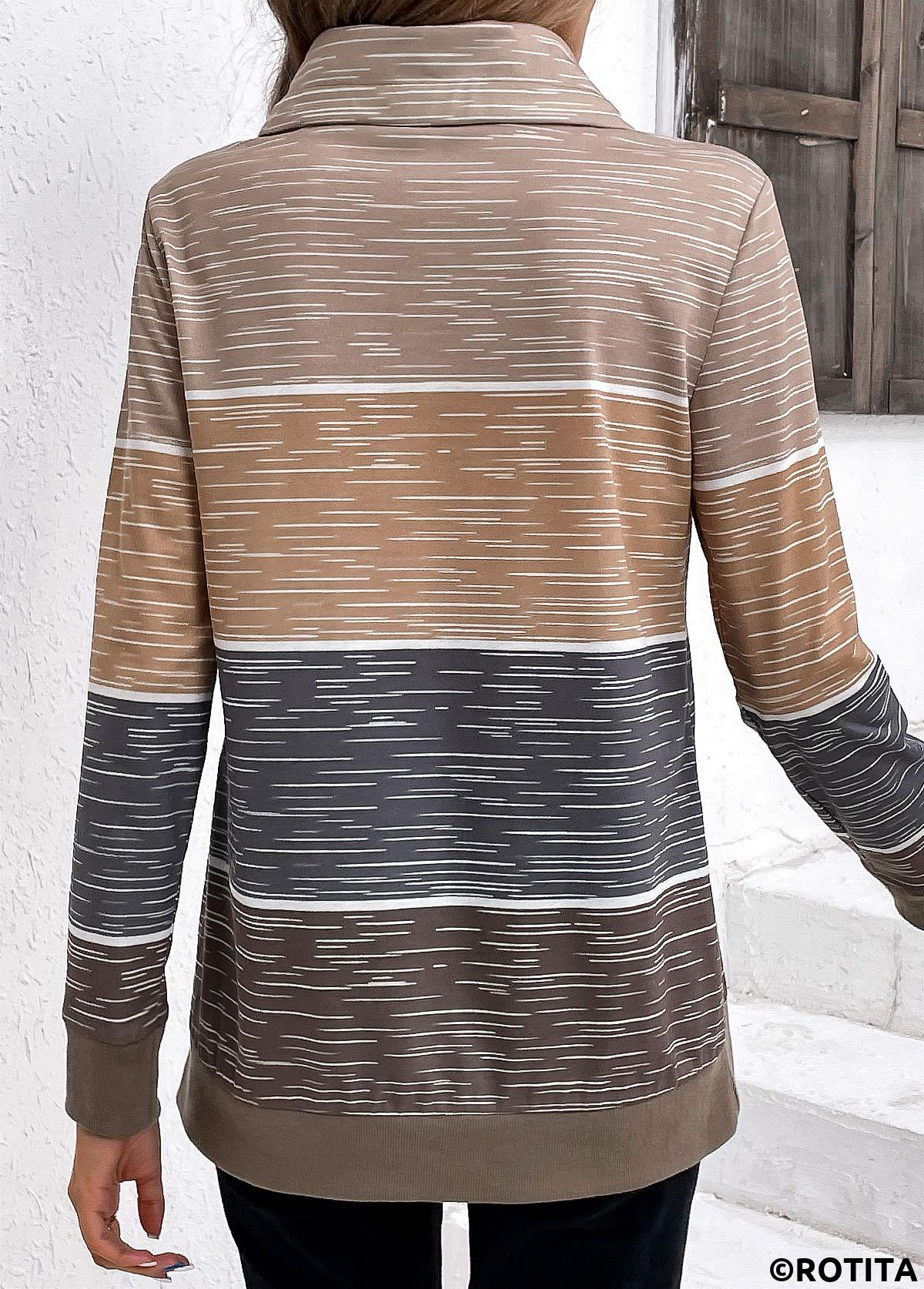 Multi Color tops,Contrast Color tops,Striped tops,ROTITA Drawstring Multi Color Cowl Neck Long Sleeve Sweatshirt