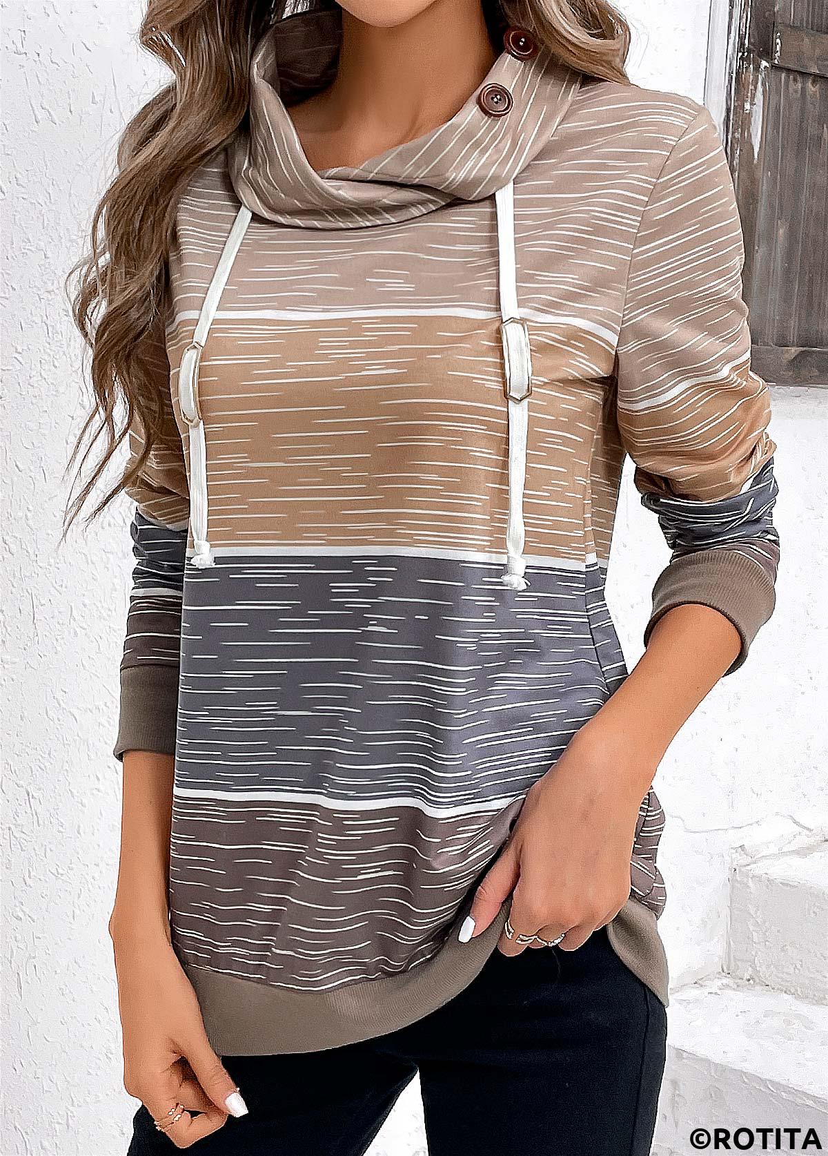 Multi Color tops,Contrast Color tops,Striped tops,ROTITA Drawstring Multi Color Cowl Neck Long Sleeve Sweatshirt