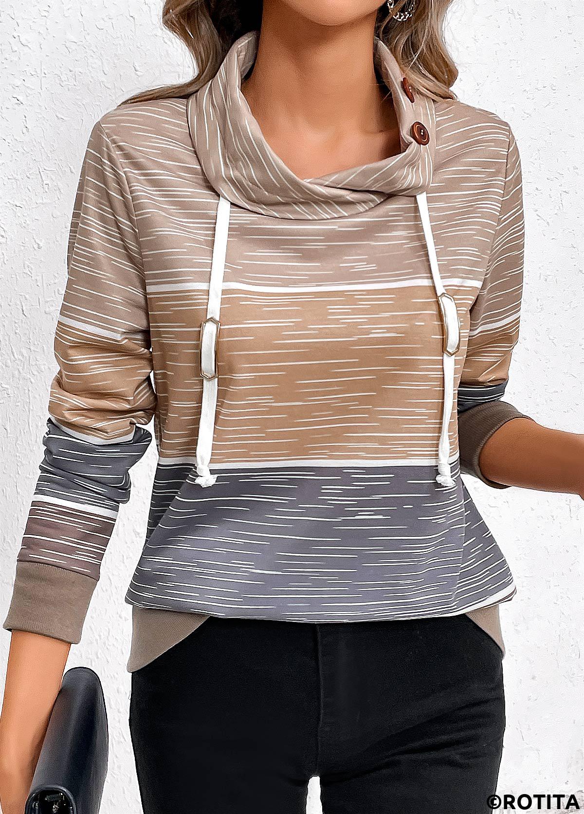Multi Color tops,Contrast Color tops,Striped tops,ROTITA Drawstring Multi Color Cowl Neck Long Sleeve Sweatshirt