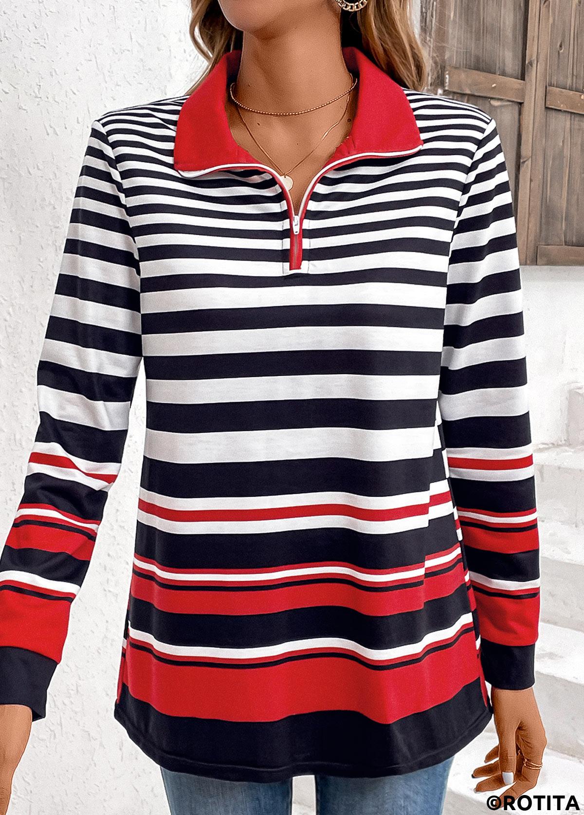 Gestreiftes mehrfarbiges Sweatshirt mit Umlegekragen mit Rotita-Reißverschluss