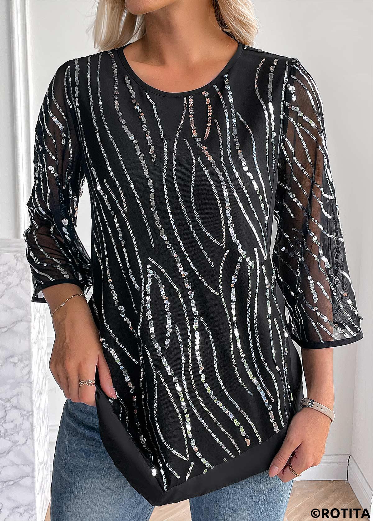 Black tops,Contrast Color tops,ROTITA Sequin Black Round Neck 3/4 Sleeve Blouse