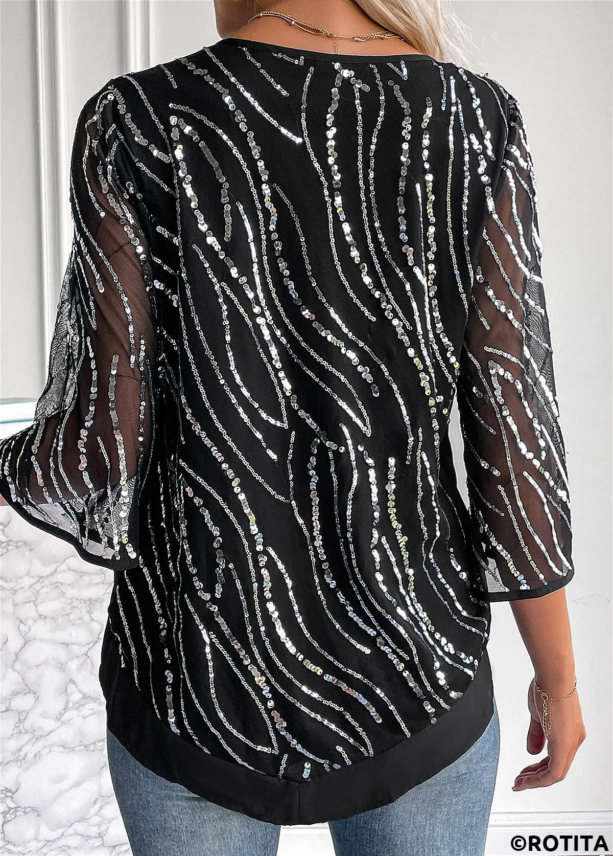 Black tops,Contrast Color tops,ROTITA Sequin Black Round Neck 3/4 Sleeve Blouse