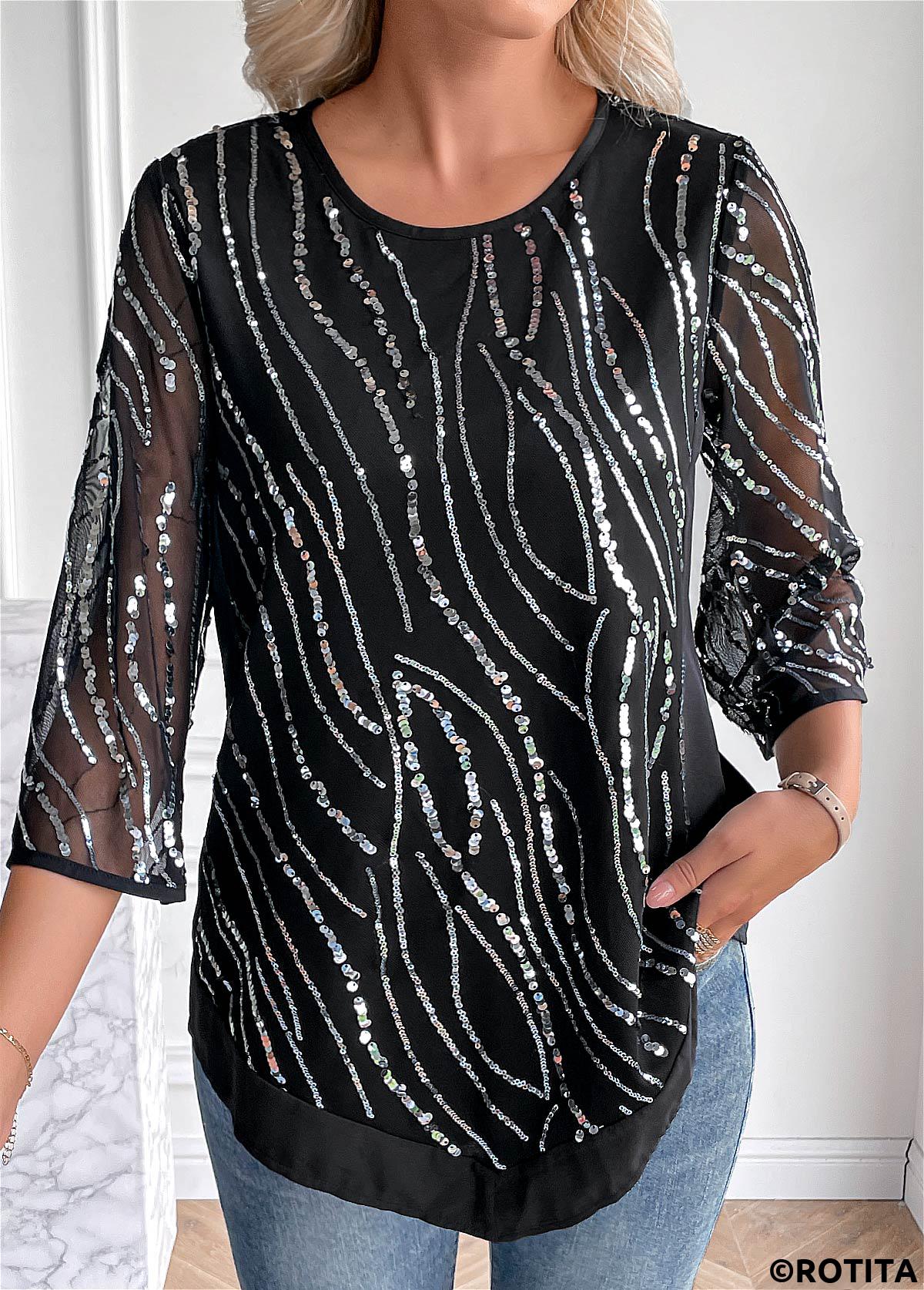 Black tops,Contrast Color tops,ROTITA Sequin Black Round Neck 3/4 Sleeve Blouse