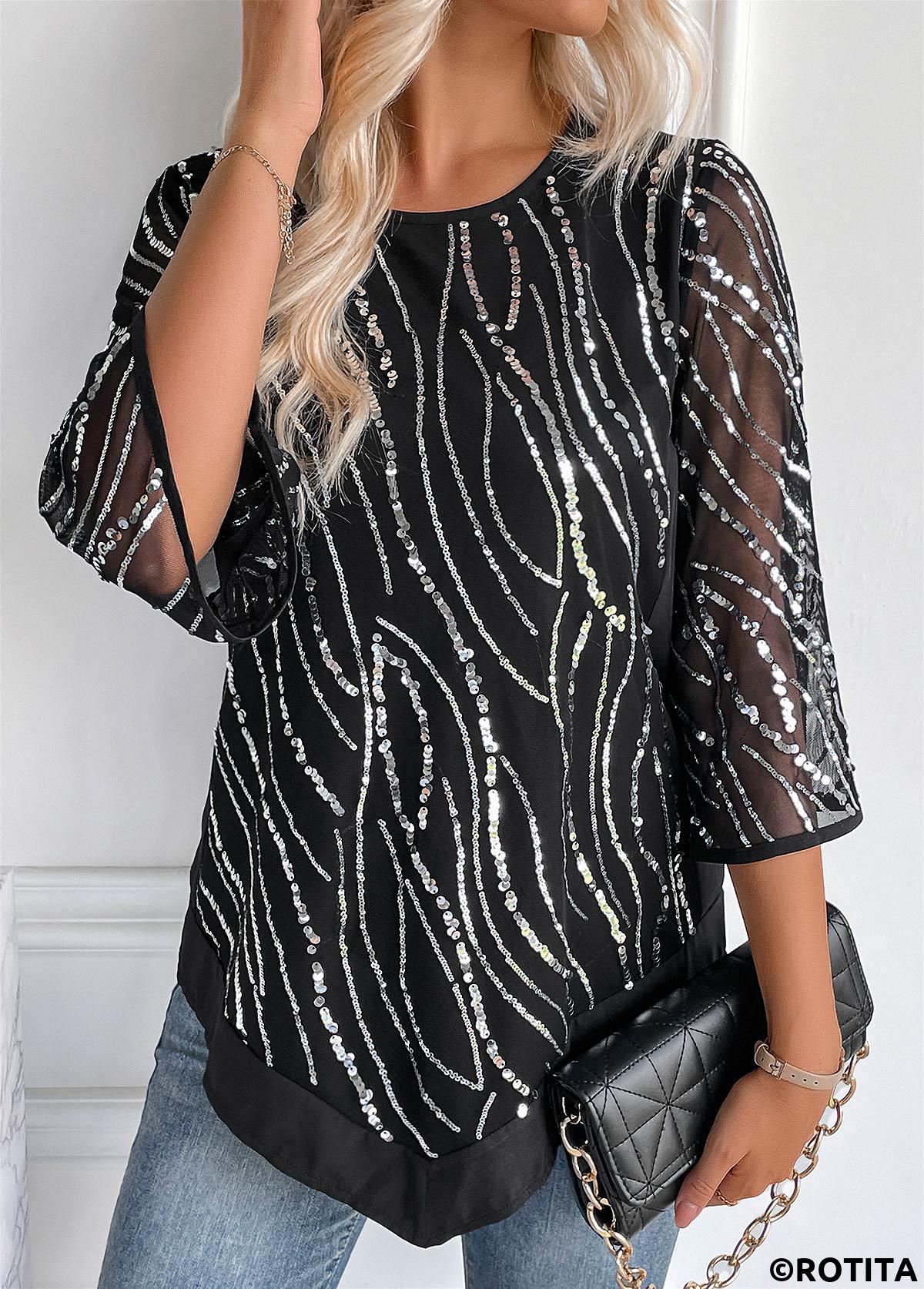 Black tops,Contrast Color tops,ROTITA Sequin Black Round Neck 3/4 Sleeve Blouse