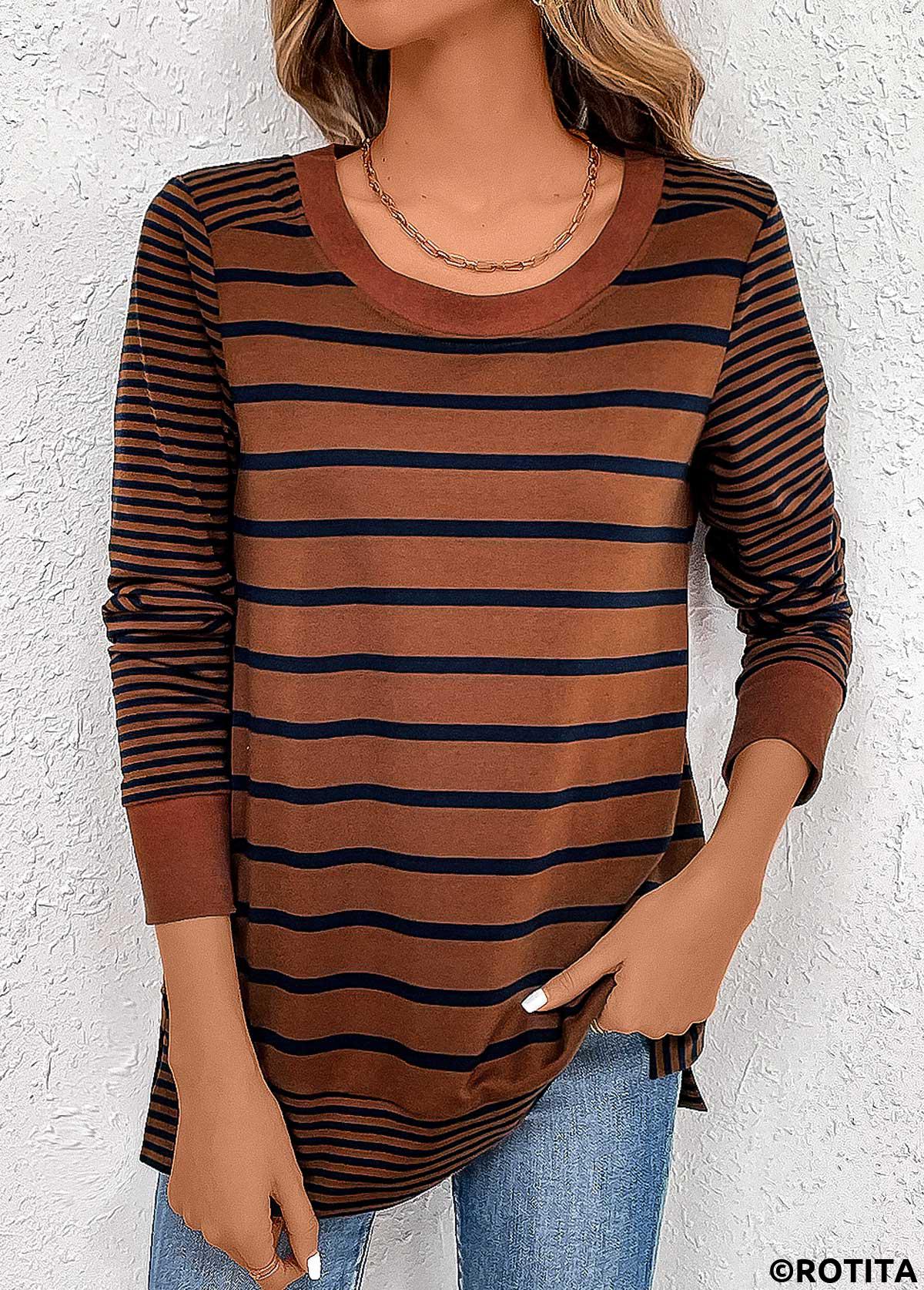 rotita patchwork rayé café foncé t-shirt col rond