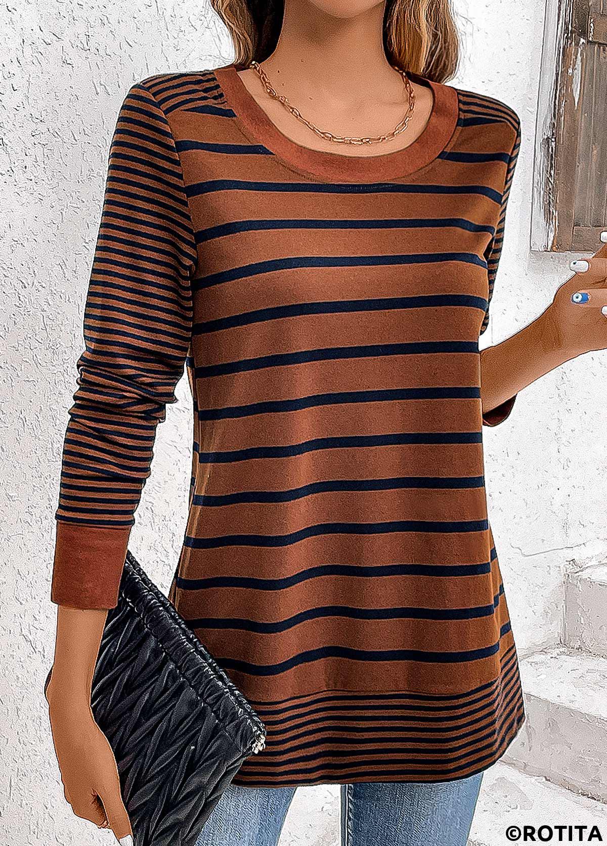 rotita patchwork rayé café foncé t-shirt col rond