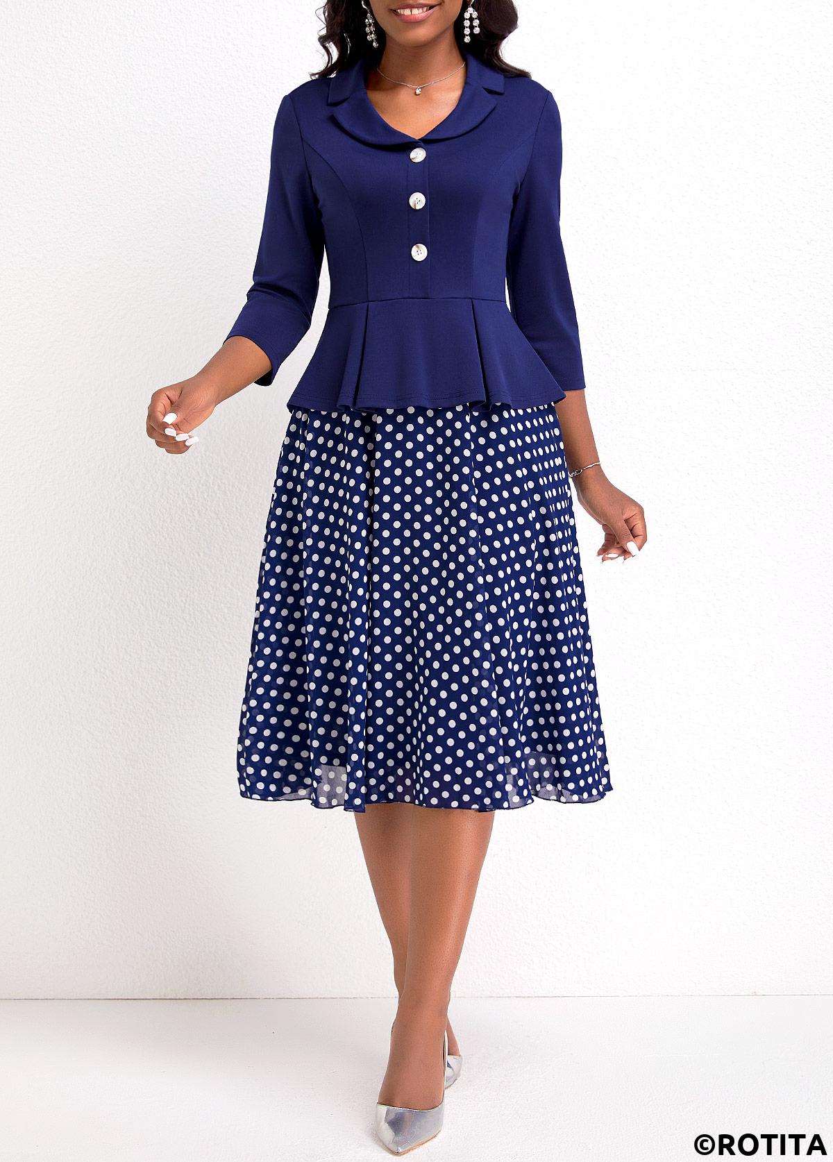 Navy dresses,Dot dresses,Party dresses,Elegant dresses,ROTITA Fake 2in1 Polka Dot Navy Lapel Dress