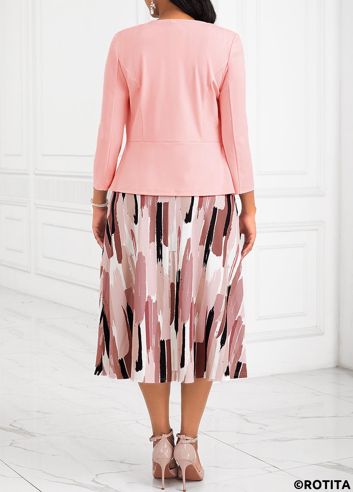 Pink plus size,Geometric plus size,Striped plus size,ROTITA Plus Size Two Piece Pink Belted Geometric Print Dress