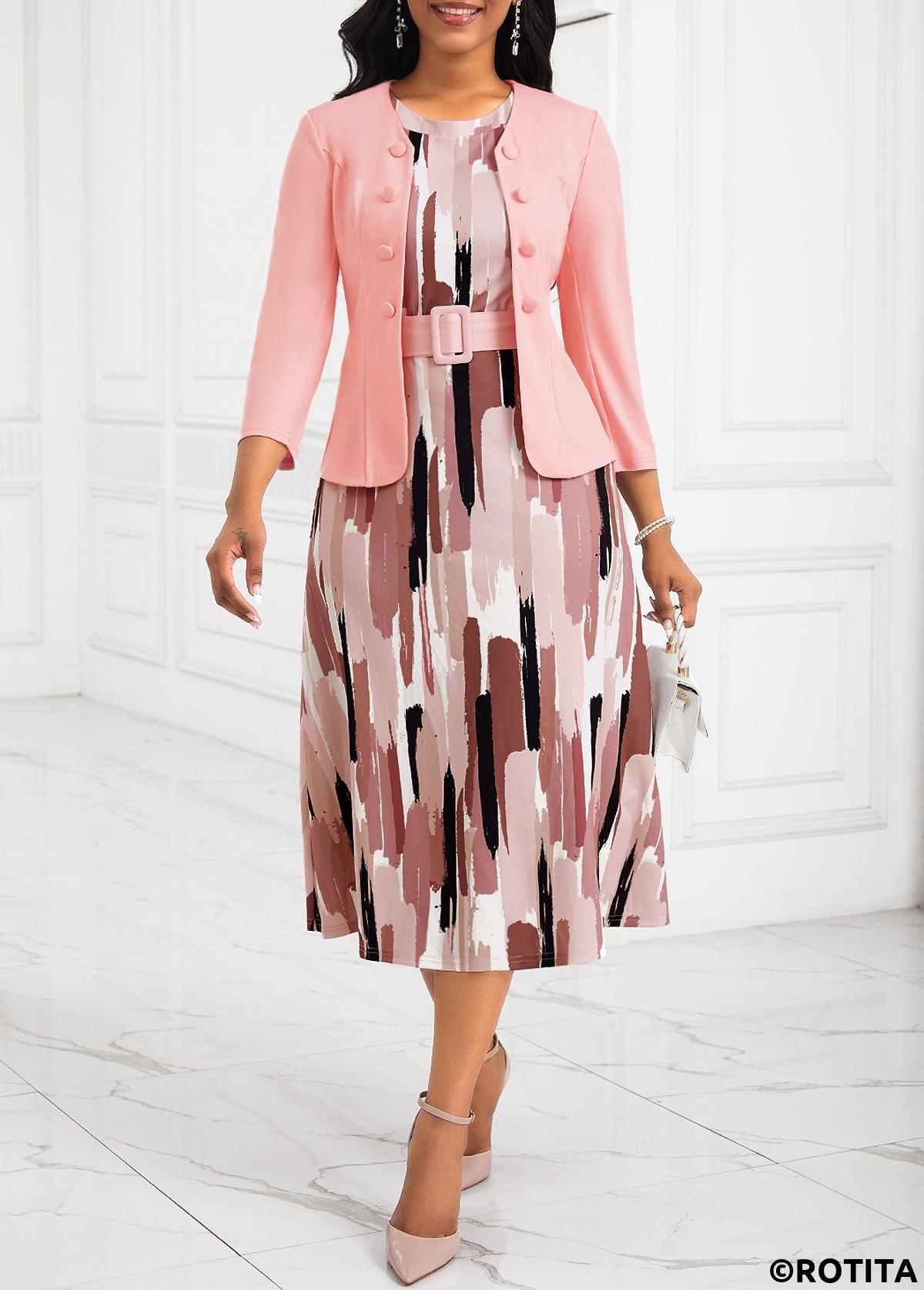 Pink plus size,Geometric plus size,Striped plus size,ROTITA Plus Size Two Piece Pink Belted Geometric Print Dress