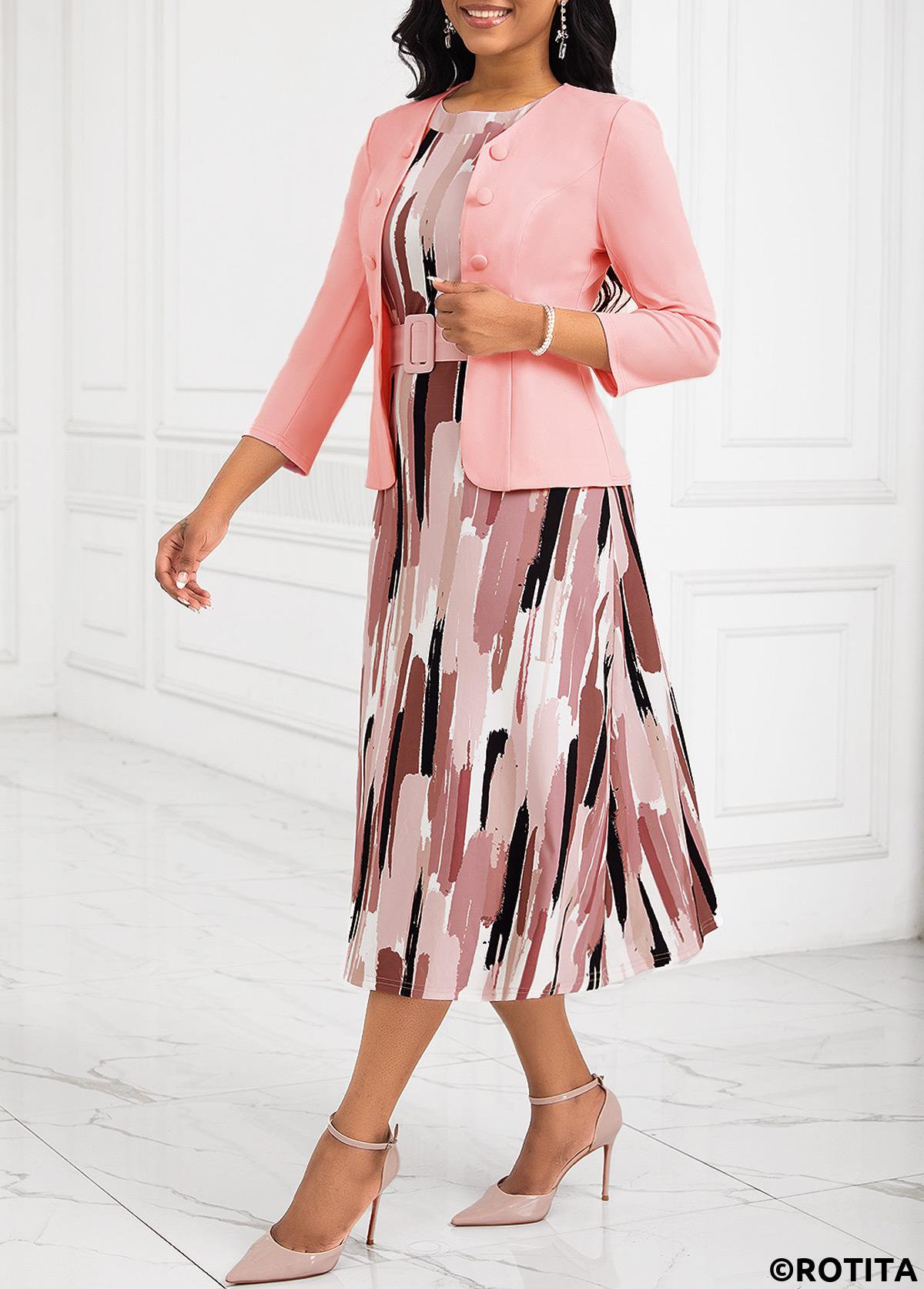 Pink plus size,Geometric plus size,Striped plus size,ROTITA Plus Size Two Piece Pink Belted Geometric Print Dress