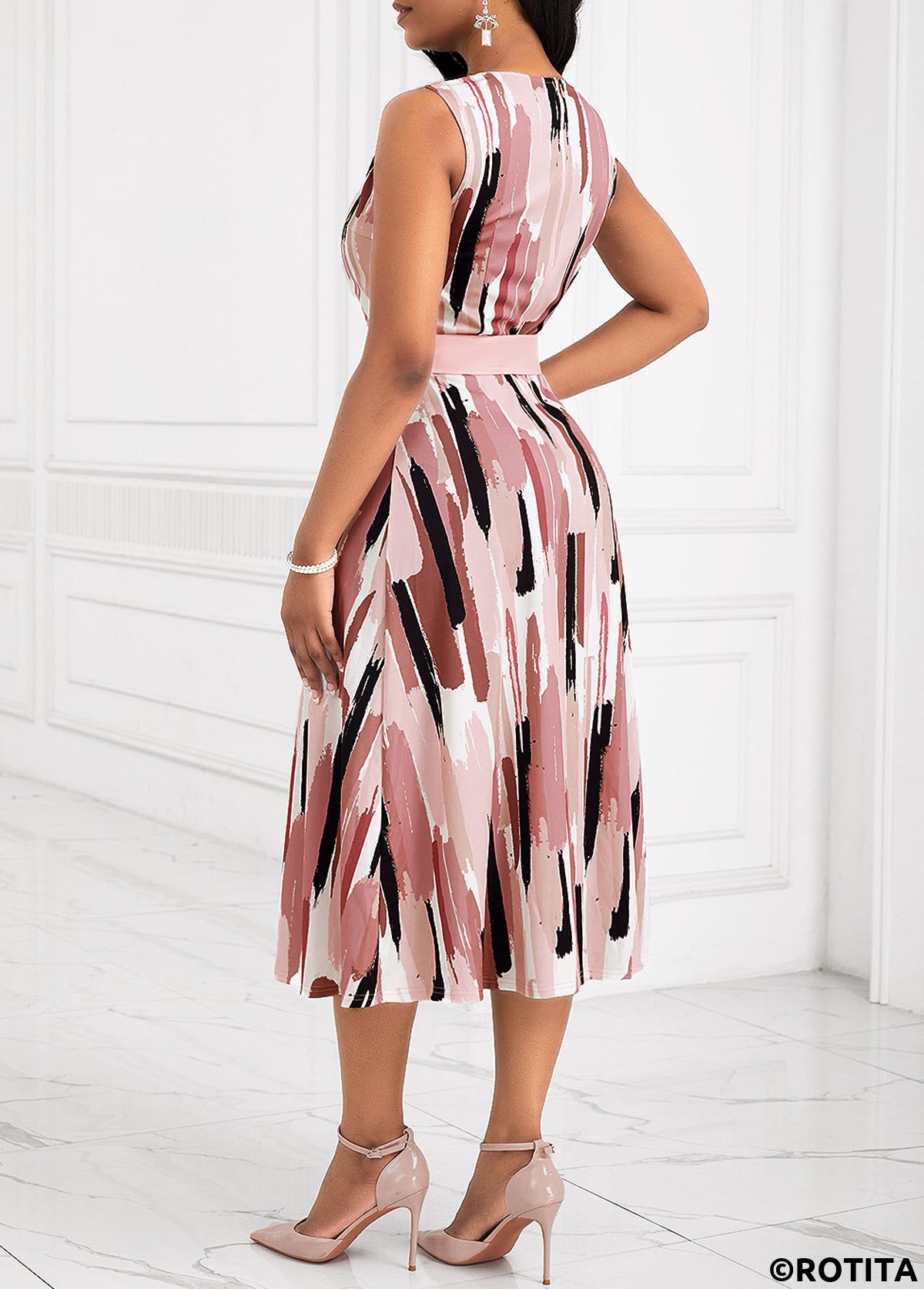 Pink dresses,Geometric dresses,Striped dresses,Party dresses,Elegant dresses,ROTITA Tummy Coverage Geometric Print Pink Belted Dress and Cardigan