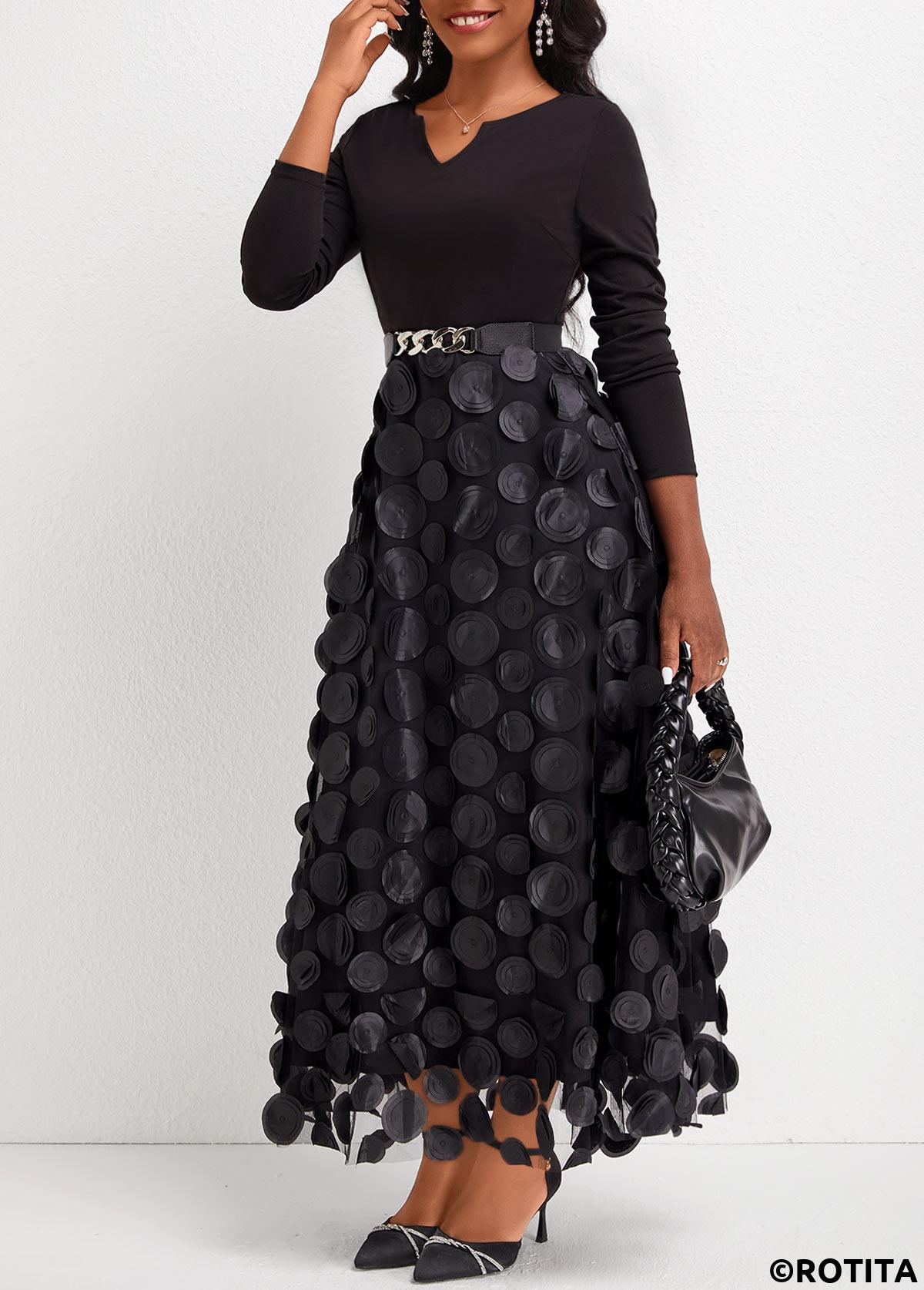 Black dresses,Plain Color dresses,Party dresses,Elegant dresses,ROTITA Patchwork Split Neck Long Sleeve Black Maxi Dress
