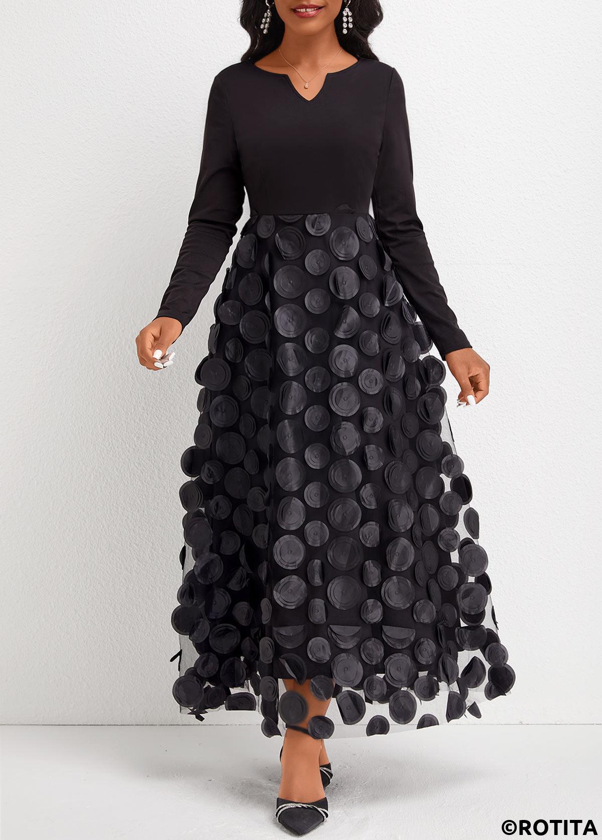 Black dresses,Plain Color dresses,Party dresses,Elegant dresses,ROTITA Patchwork Split Neck Long Sleeve Black Maxi Dress