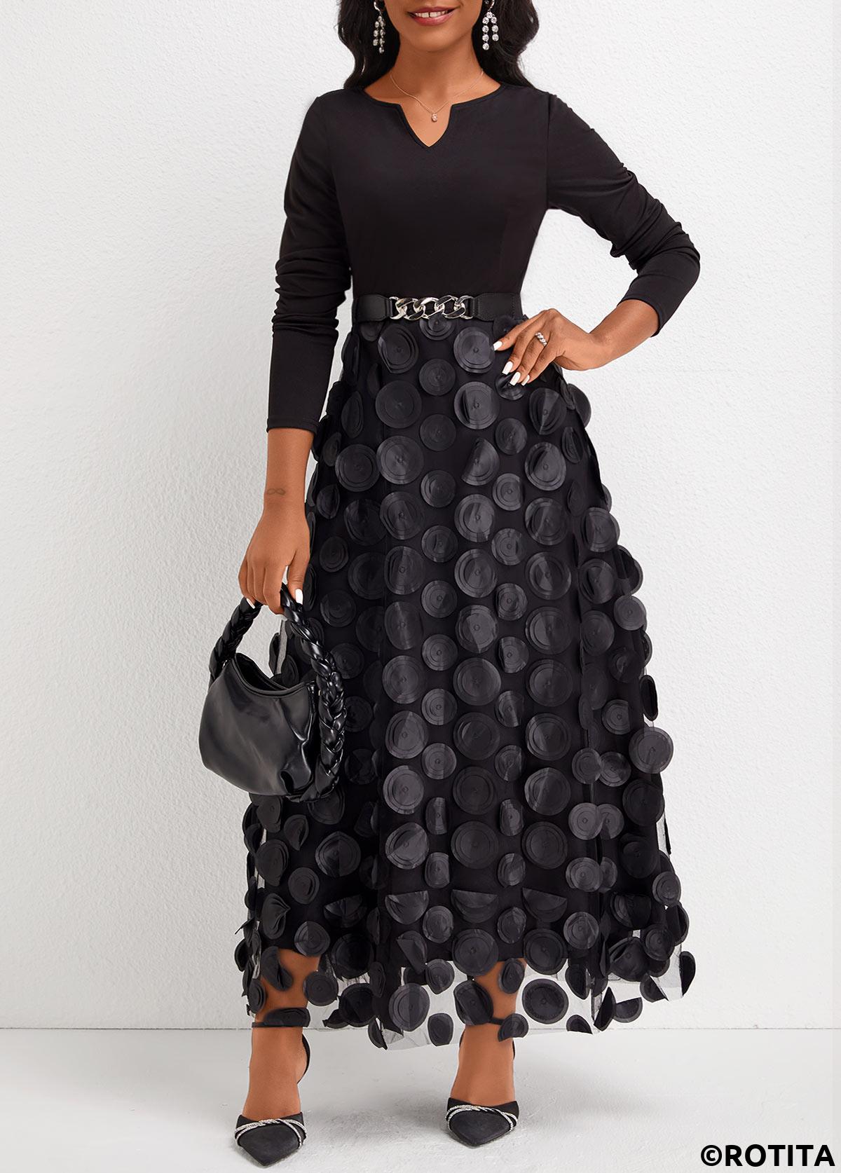 Black dresses,Plain Color dresses,Party dresses,Elegant dresses,ROTITA Patchwork Split Neck Long Sleeve Black Maxi Dress