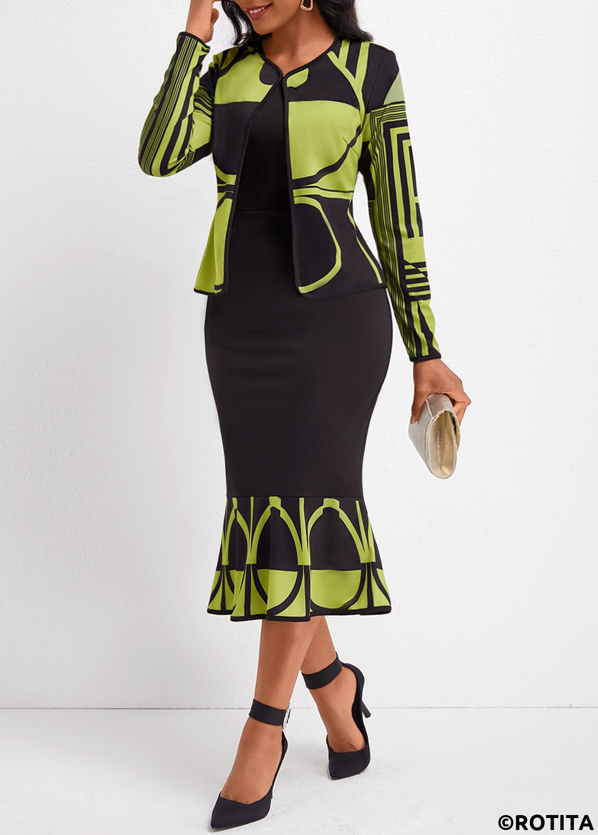 Avocado Green dresses,Black dresses,Geometric dresses,Striped dresses,Party dresses,Elegant dresses,ROTITA Mermaid Geometric Print Avocado Green Two Piece Suit Dress and Cardigan