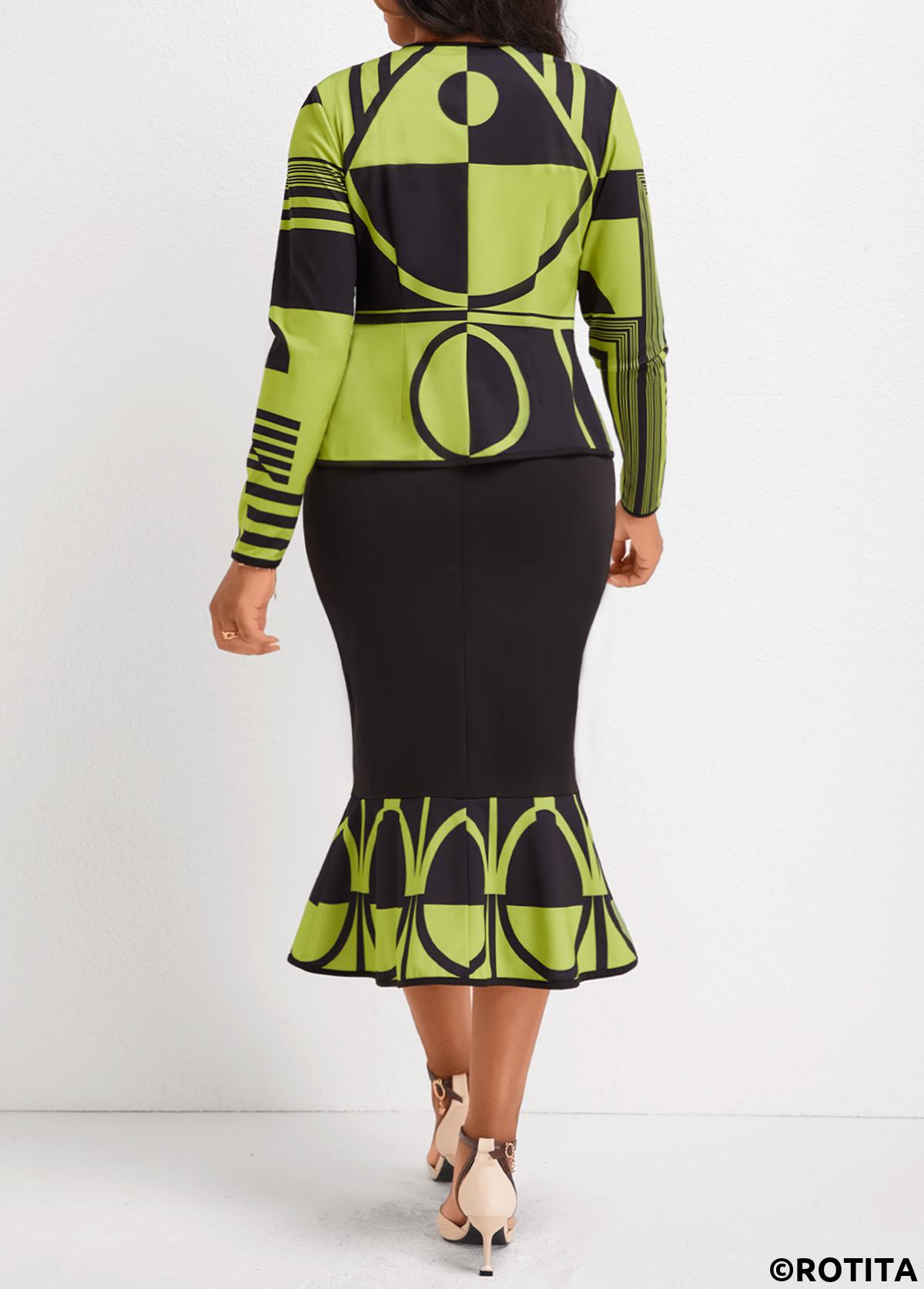 Avocado Green dresses,Black dresses,Geometric dresses,Striped dresses,Party dresses,Elegant dresses,ROTITA Mermaid Geometric Print Avocado Green Two Piece Suit Dress and Cardigan