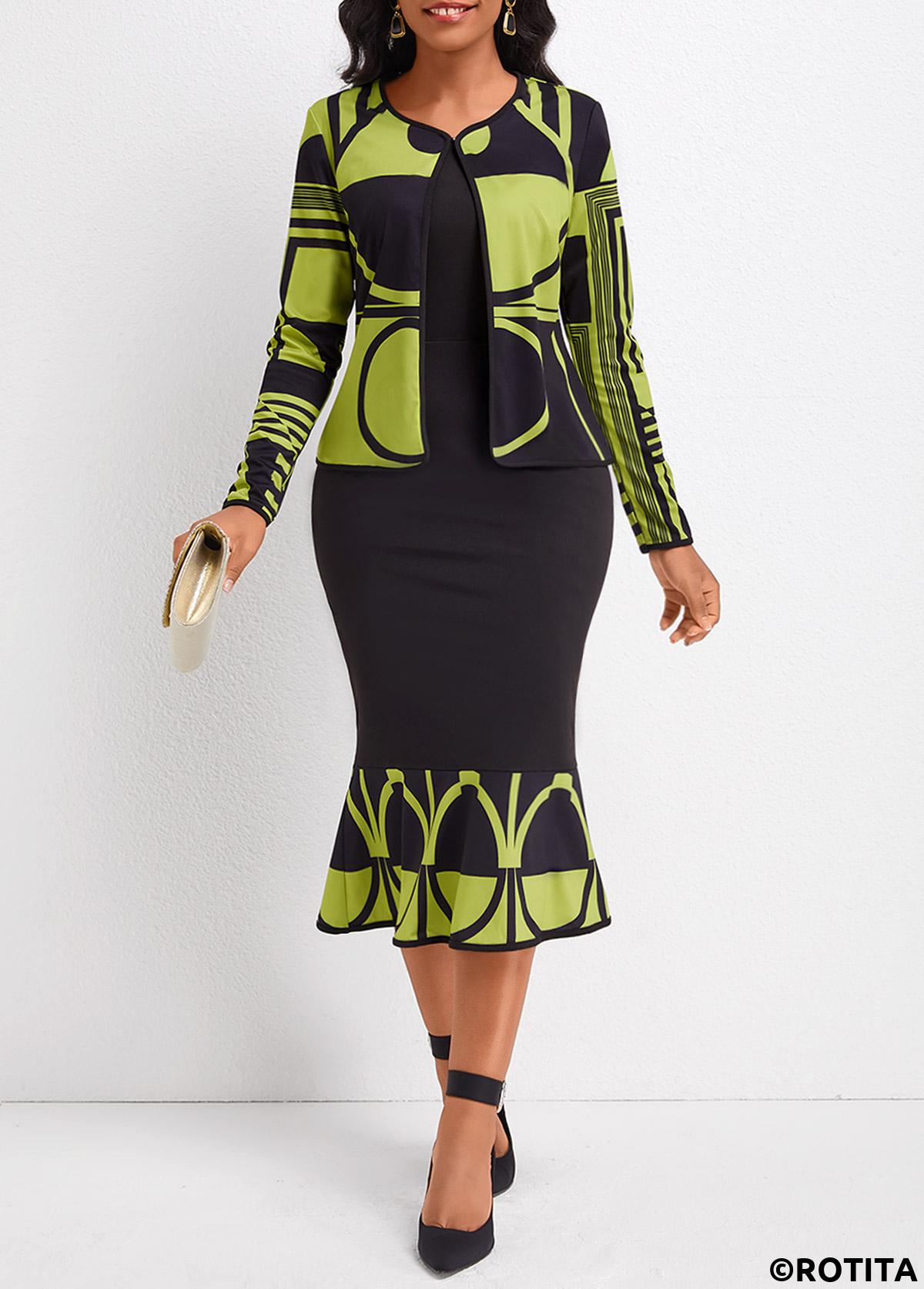 Avocado Green dresses,Black dresses,Geometric dresses,Striped dresses,Party dresses,Elegant dresses,ROTITA Mermaid Geometric Print Avocado Green Two Piece Suit Dress and Cardigan