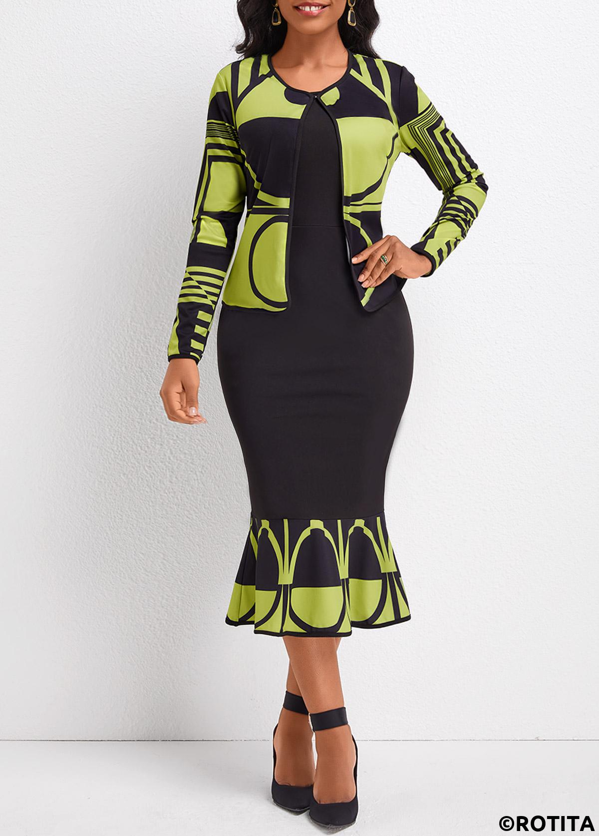 Avocado Green dresses,Black dresses,Geometric dresses,Striped dresses,Party dresses,Elegant dresses,ROTITA Mermaid Geometric Print Avocado Green Two Piece Suit Dress and Cardigan