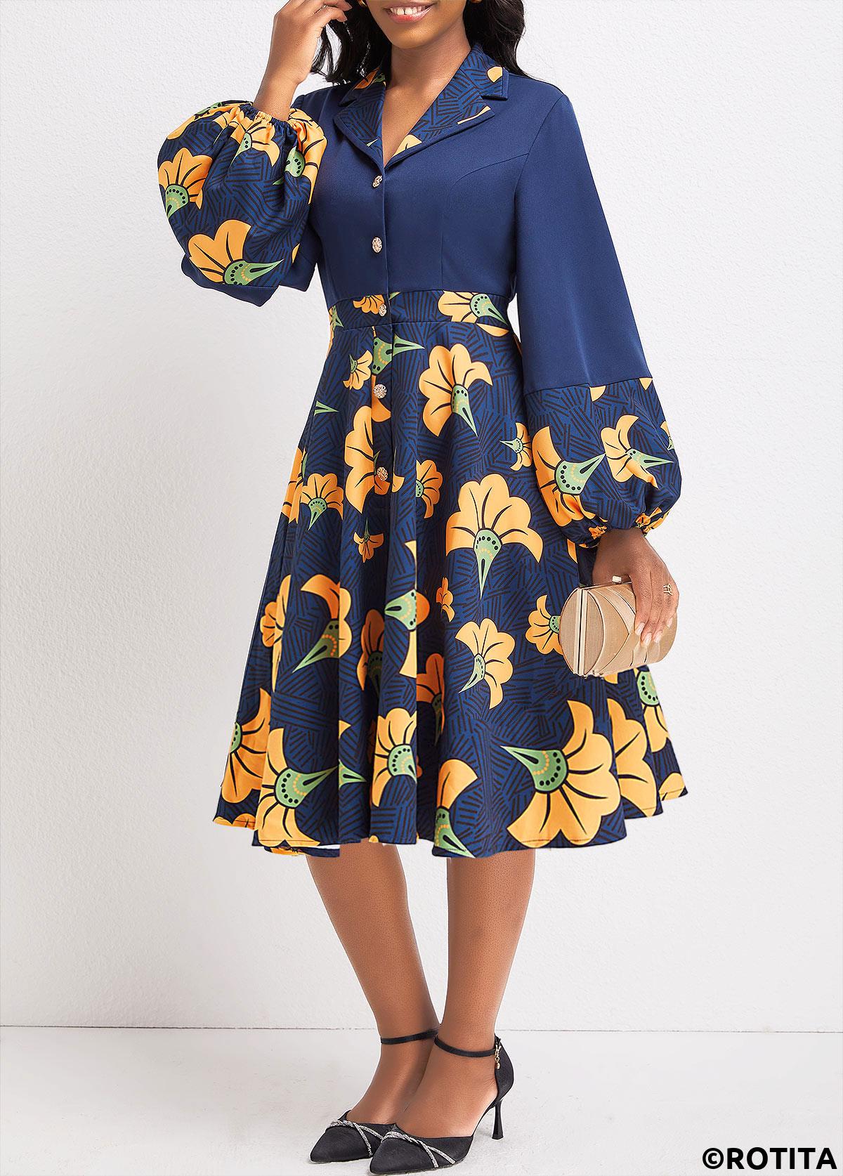 Navy dresses,Plants dresses,Striped dresses,Party dresses,Elegant dresses,ROTITA Umbrella Hem Leaf Print Navy V Neck Dress