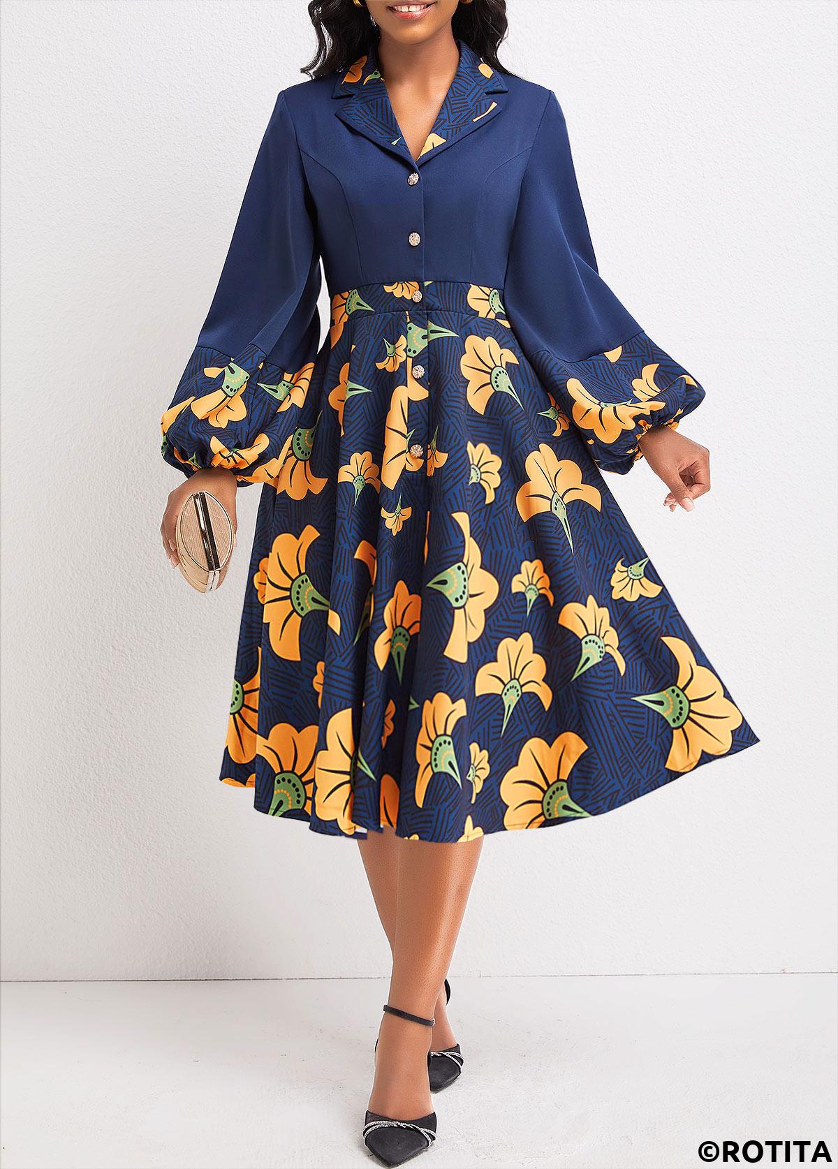 Navy dresses,Plants dresses,Striped dresses,Party dresses,Elegant dresses,ROTITA Umbrella Hem Leaf Print Navy V Neck Dress