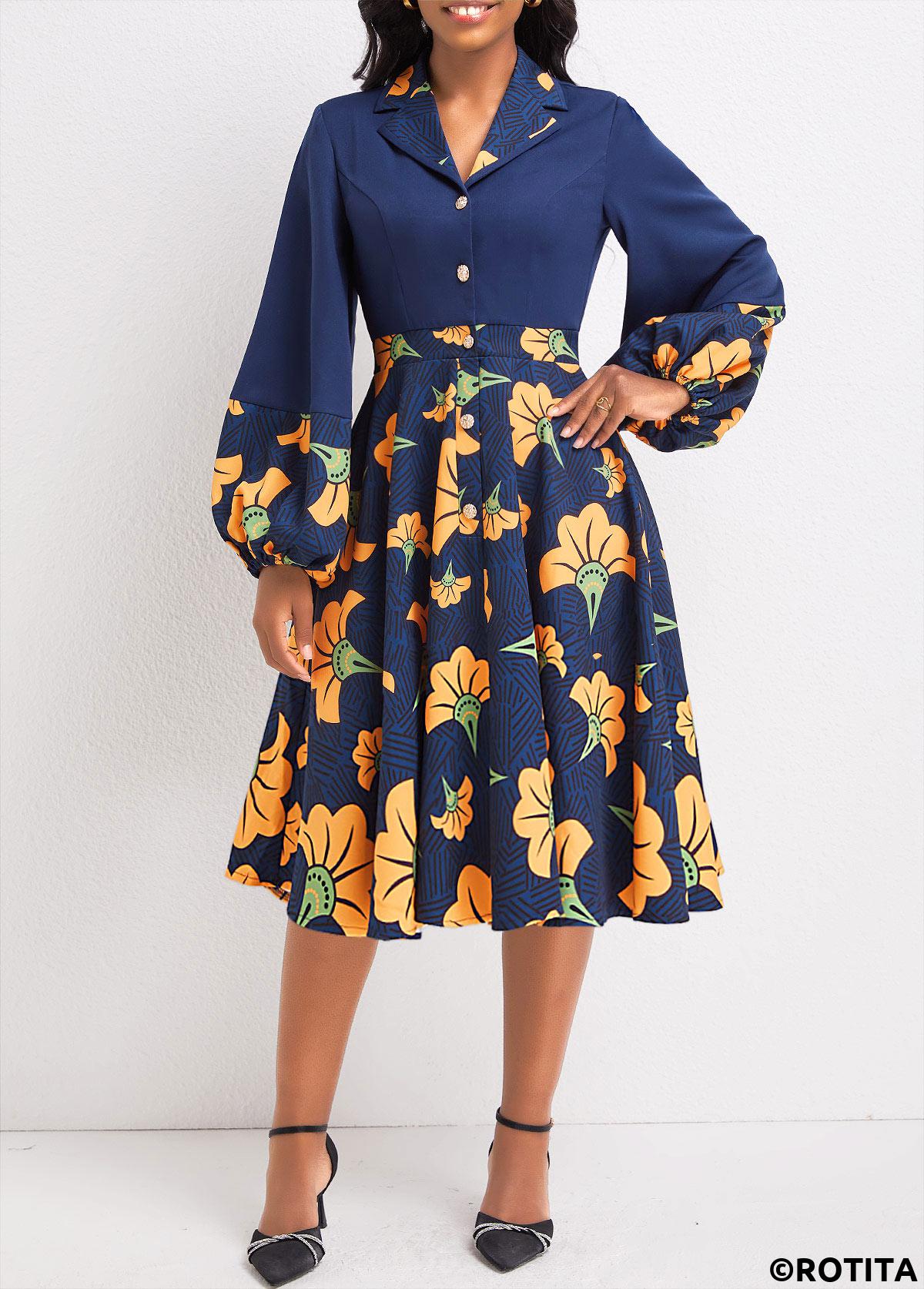 Navy dresses,Plants dresses,Striped dresses,Party dresses,Elegant dresses,ROTITA Umbrella Hem Leaf Print Navy V Neck Dress