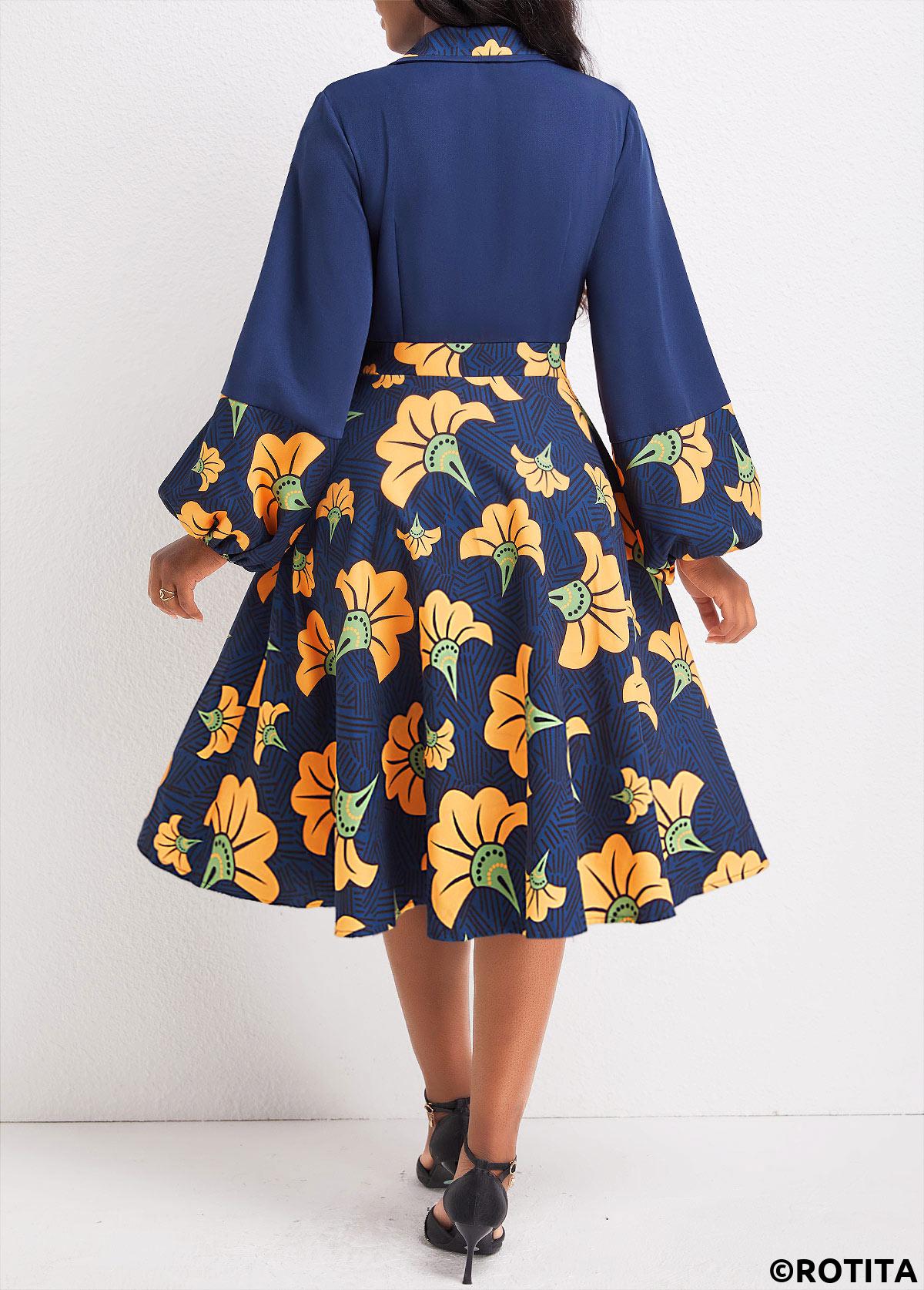 Navy dresses,Plants dresses,Striped dresses,Party dresses,Elegant dresses,ROTITA Umbrella Hem Leaf Print Navy V Neck Dress