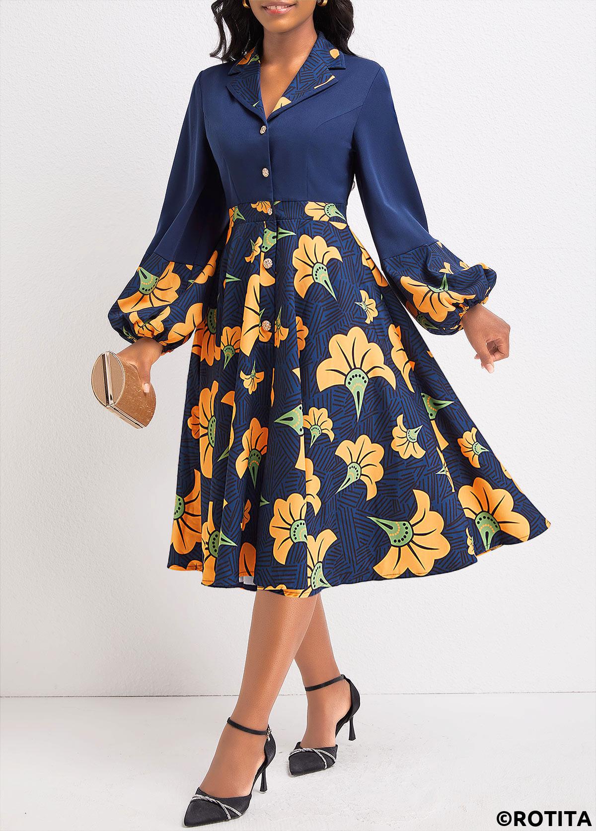 Navy dresses,Plants dresses,Striped dresses,Party dresses,Elegant dresses,ROTITA Umbrella Hem Leaf Print Navy V Neck Dress